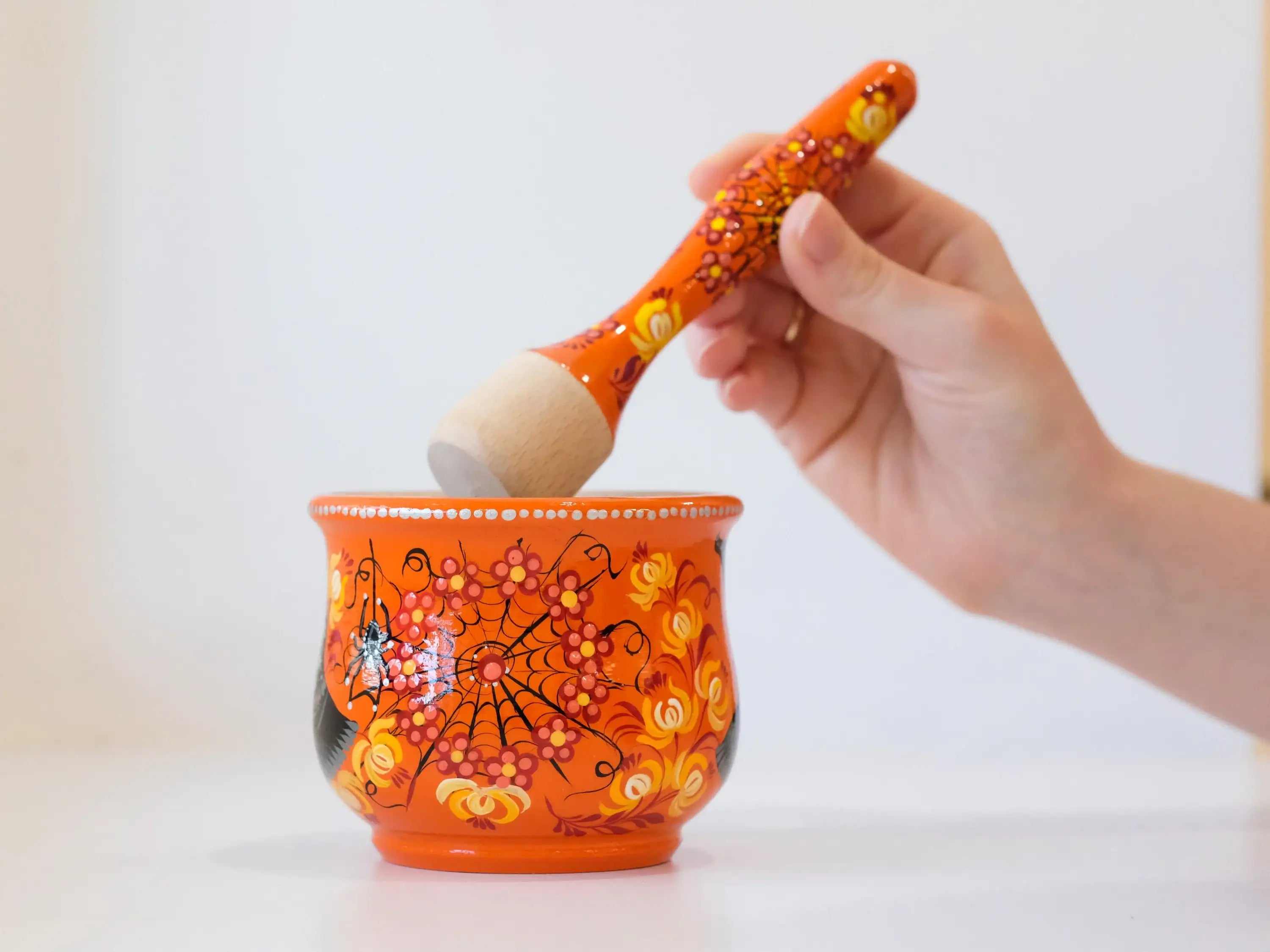 Wooden Mortar and Pestle Set Orange - Painted Halloween Crush Bowl with Witch Hat and Flying Bat