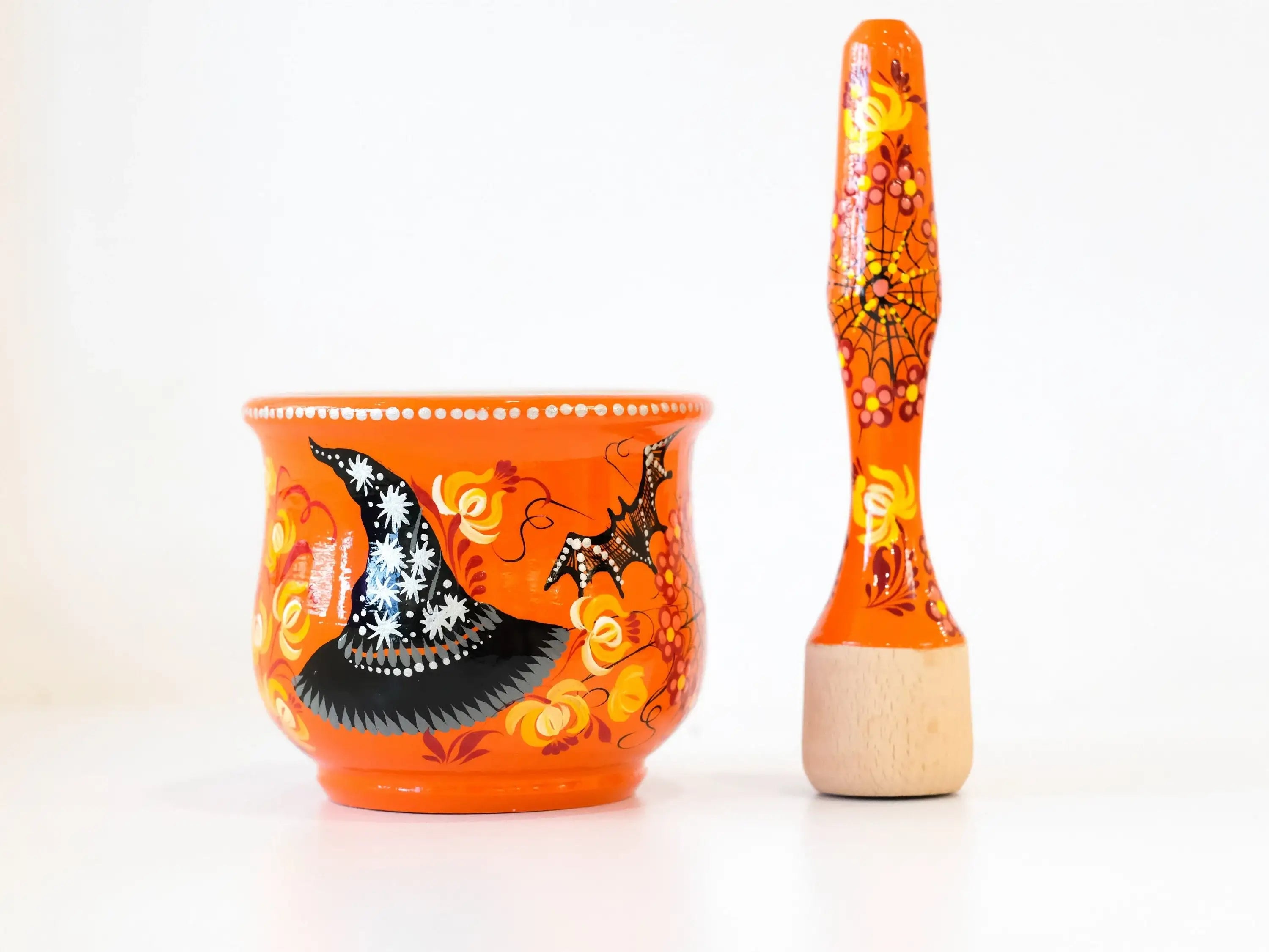 Wooden Mortar and Pestle Set Orange - Painted Halloween Crush Bowl with Witch Hat and Flying Bat