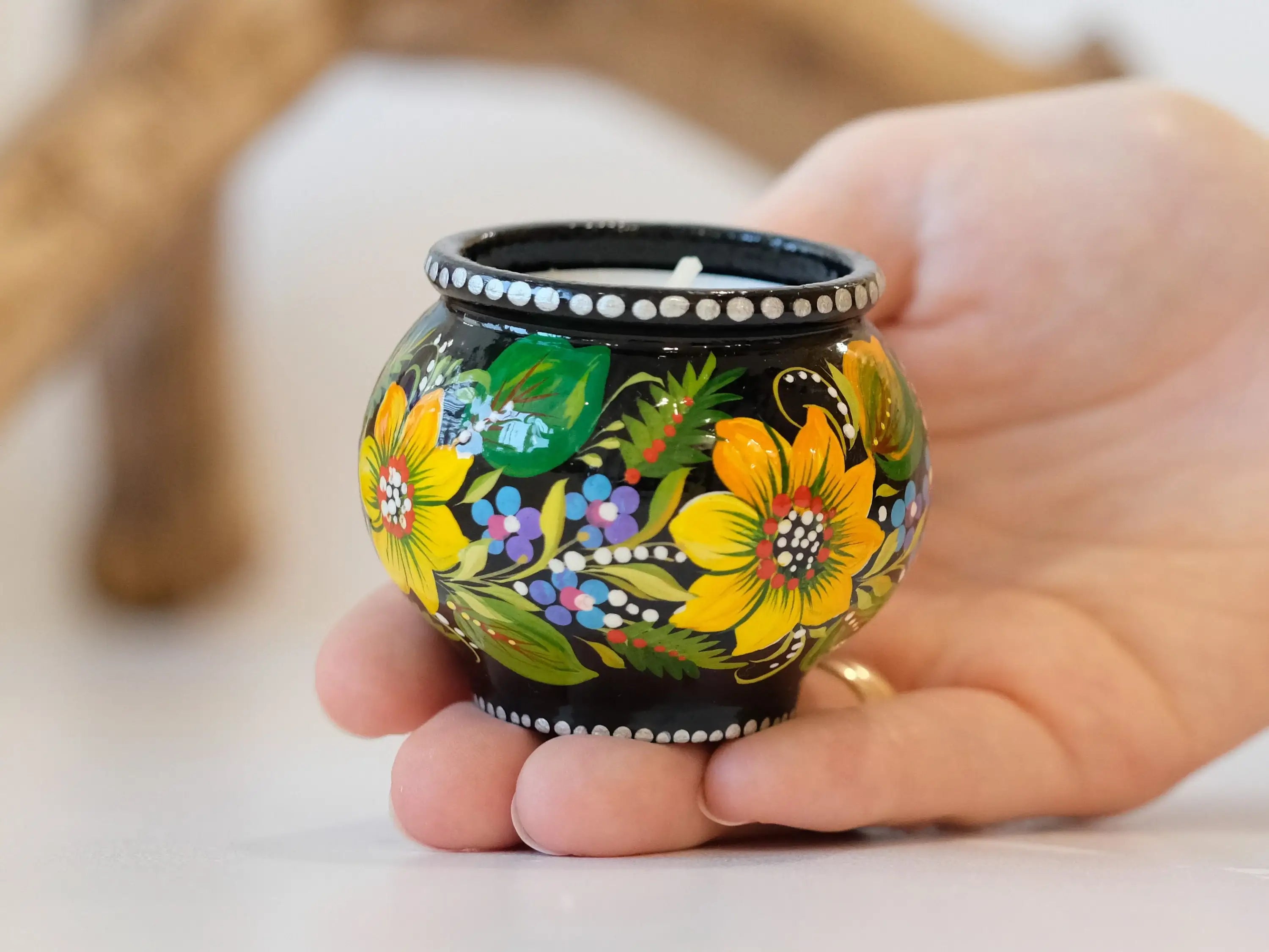 Painted Wooden Sunflower Candle Holder - Handmade Petrykivka Art Flower Tea Light Holder