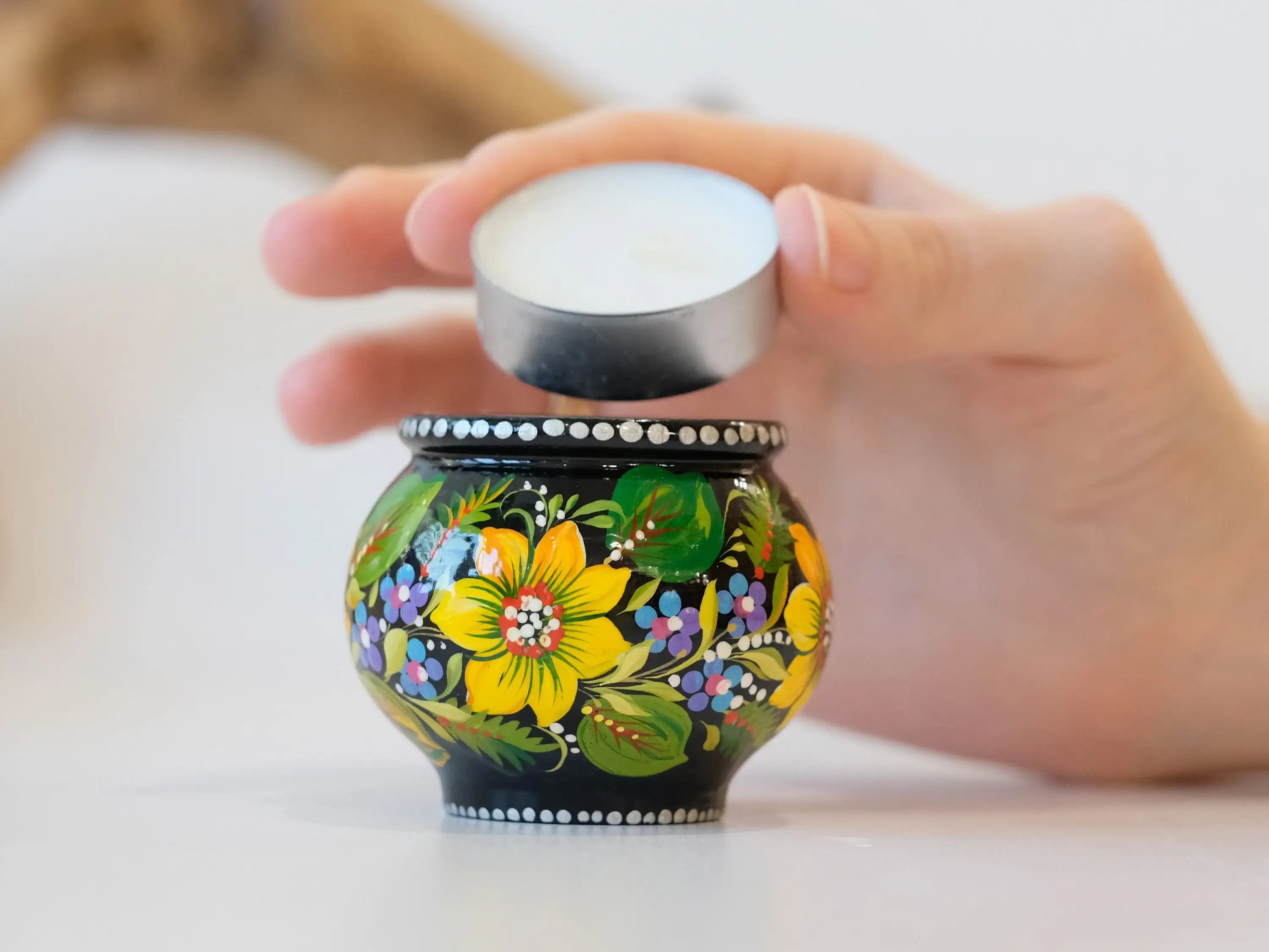 Painted Wooden Sunflower Candle Holder - Handmade Petrykivka Art Flower Tea Light Holder