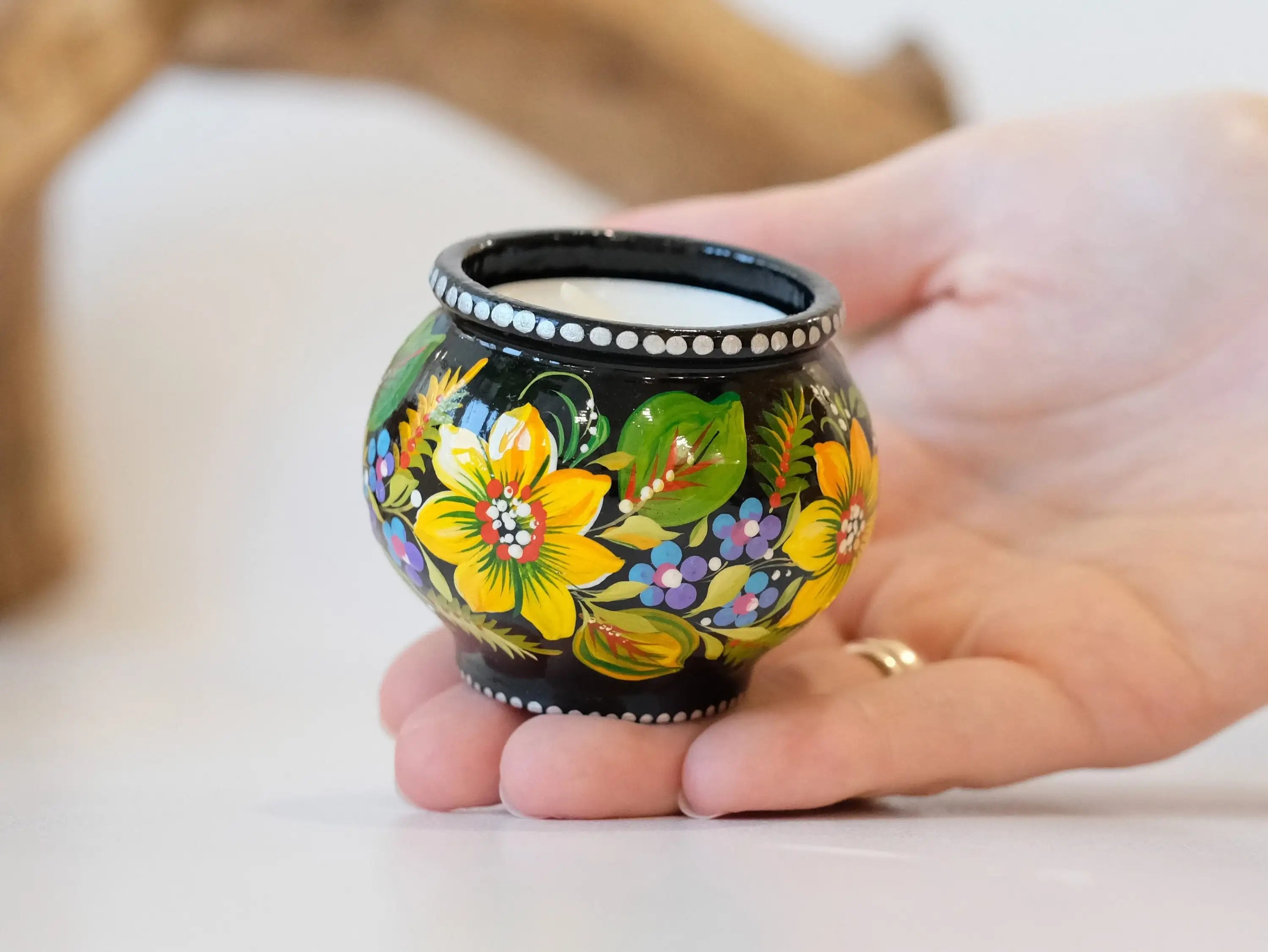Painted Wooden Sunflower Candle Holder - Handmade Petrykivka Art Flower Tea Light Holder