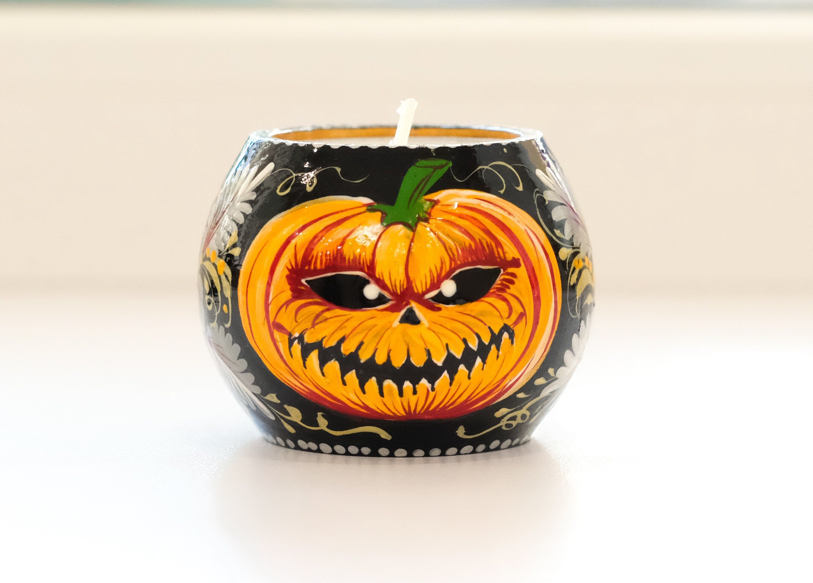 Painted Wooden Pumpkin Face Candle Holder - Halloween Jack o'lantern Tea Light Candle Holder