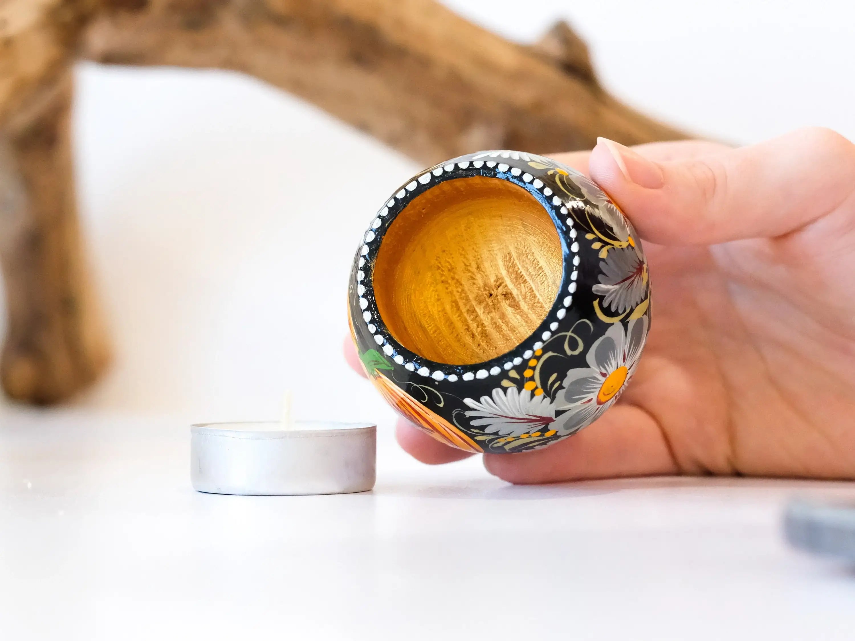 Painted Wooden Pumpkin Face Candle Holder - Halloween Jack o'lantern Tea Light Candle Holder