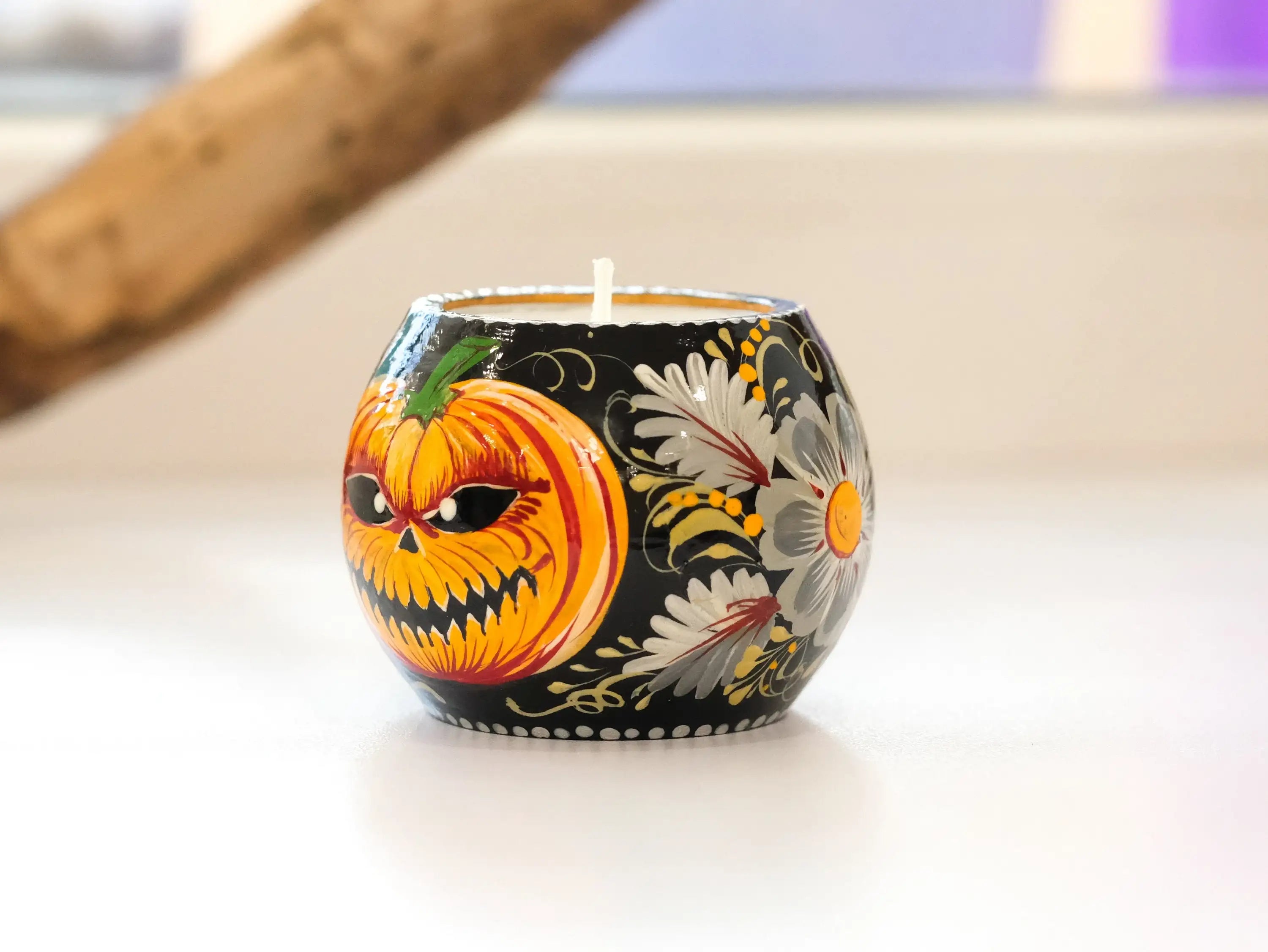 Painted Wooden Pumpkin Face Candle Holder - Halloween Jack o'lantern Tea Light Candle Holder