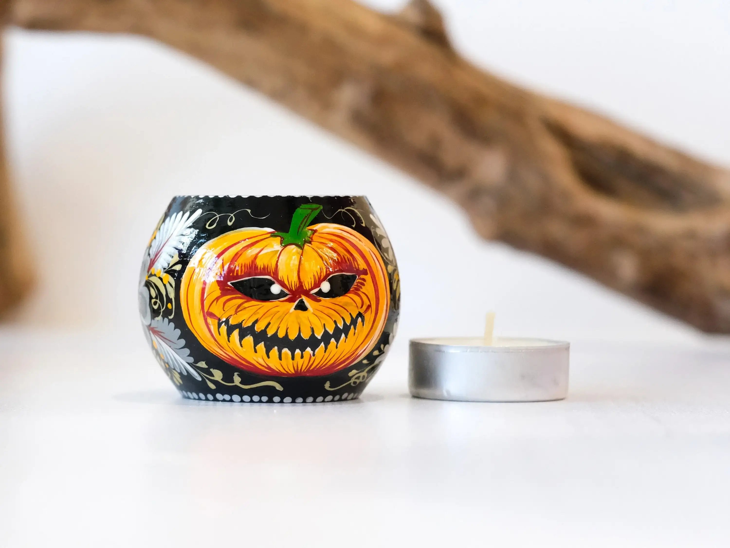 Painted Wooden Pumpkin Face Candle Holder - Halloween Jack o'lantern Tea Light Candle Holder