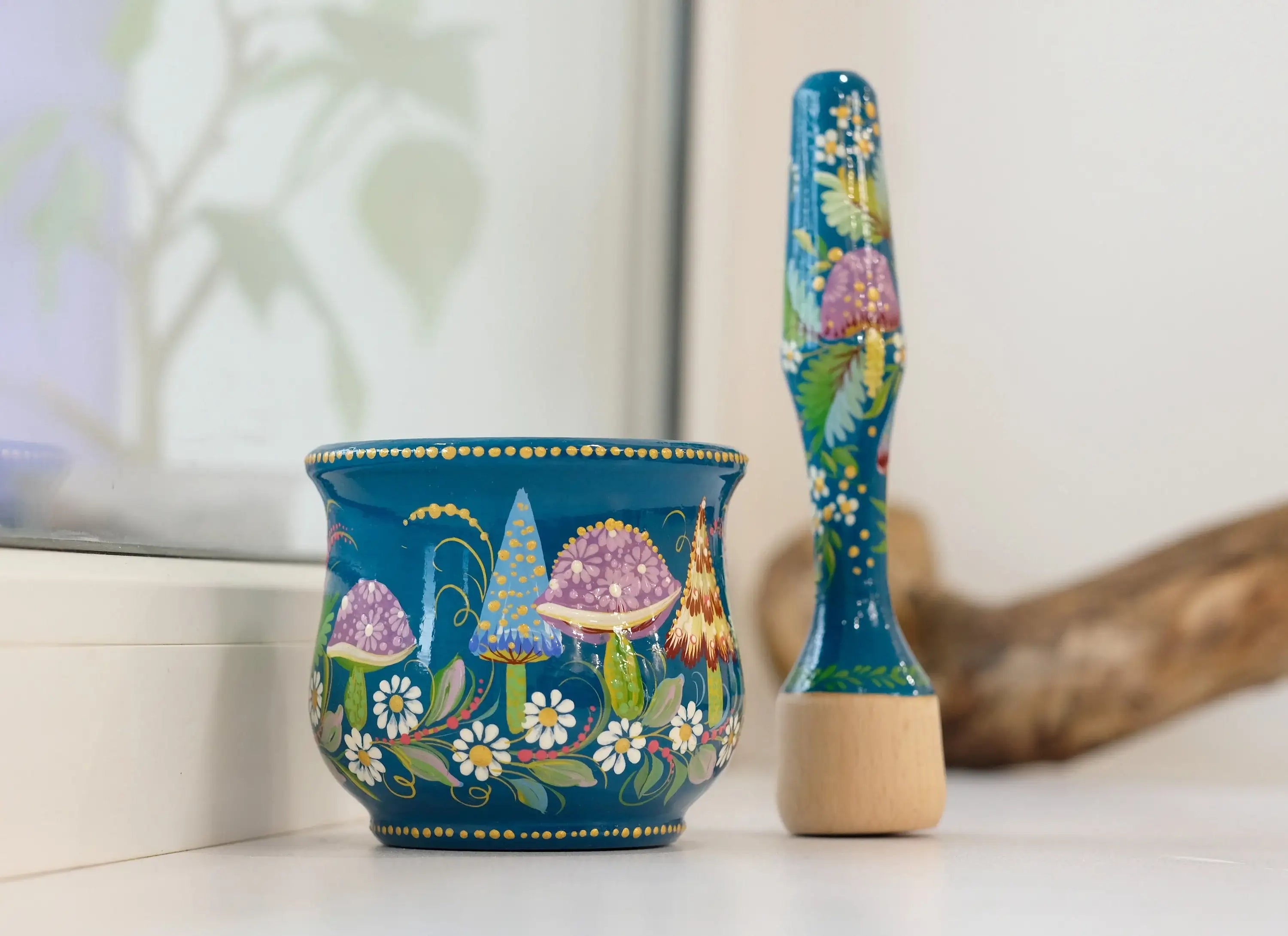 Wooden Mushroom Mortar and Pestle Set - Hand-Painted Artisanal Turquoise Grinding Bowl Crush Bowl