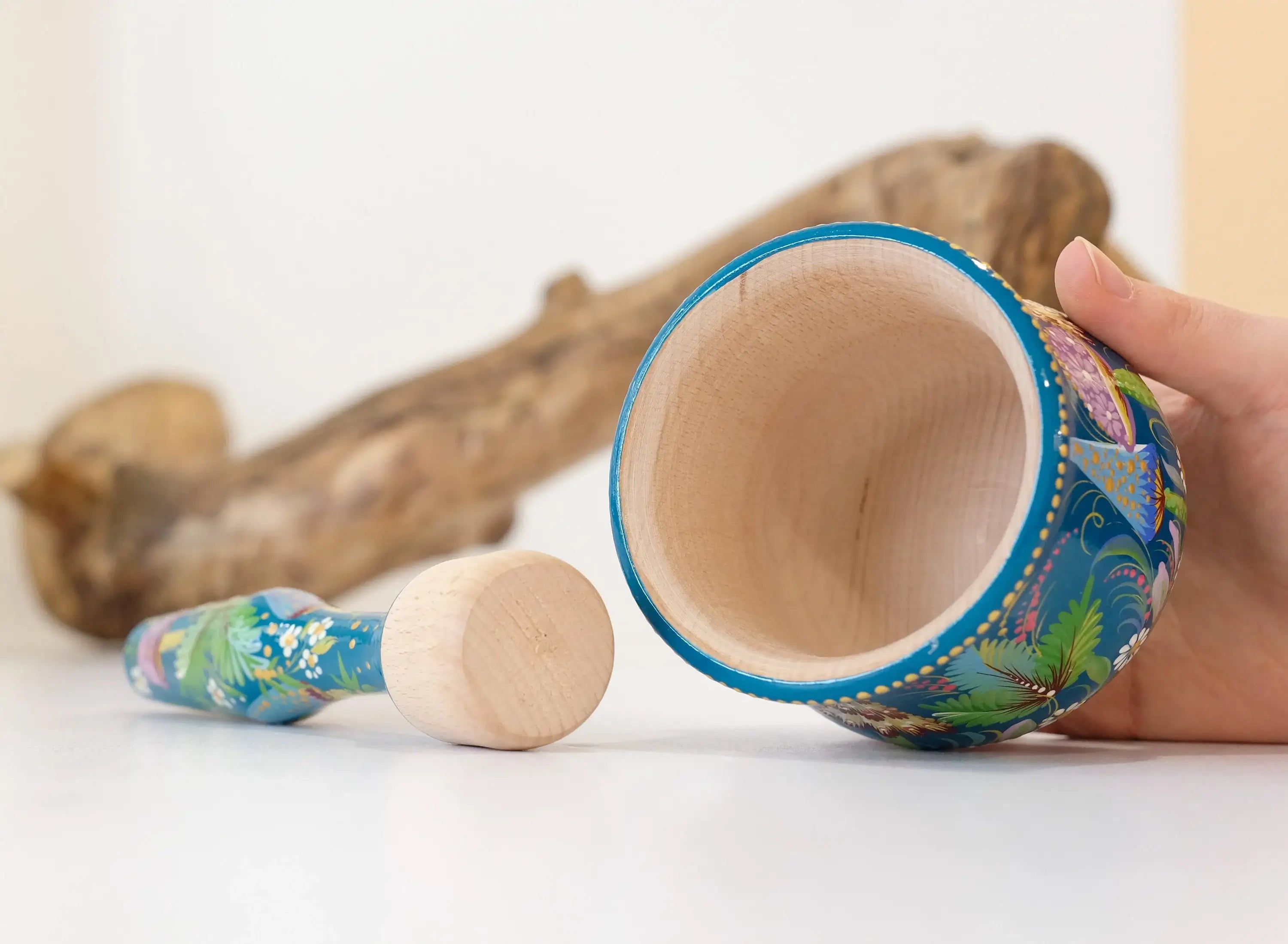 Wooden Mushroom Mortar and Pestle Set - Hand-Painted Artisanal Turquoise Grinding Bowl Crush Bowl
