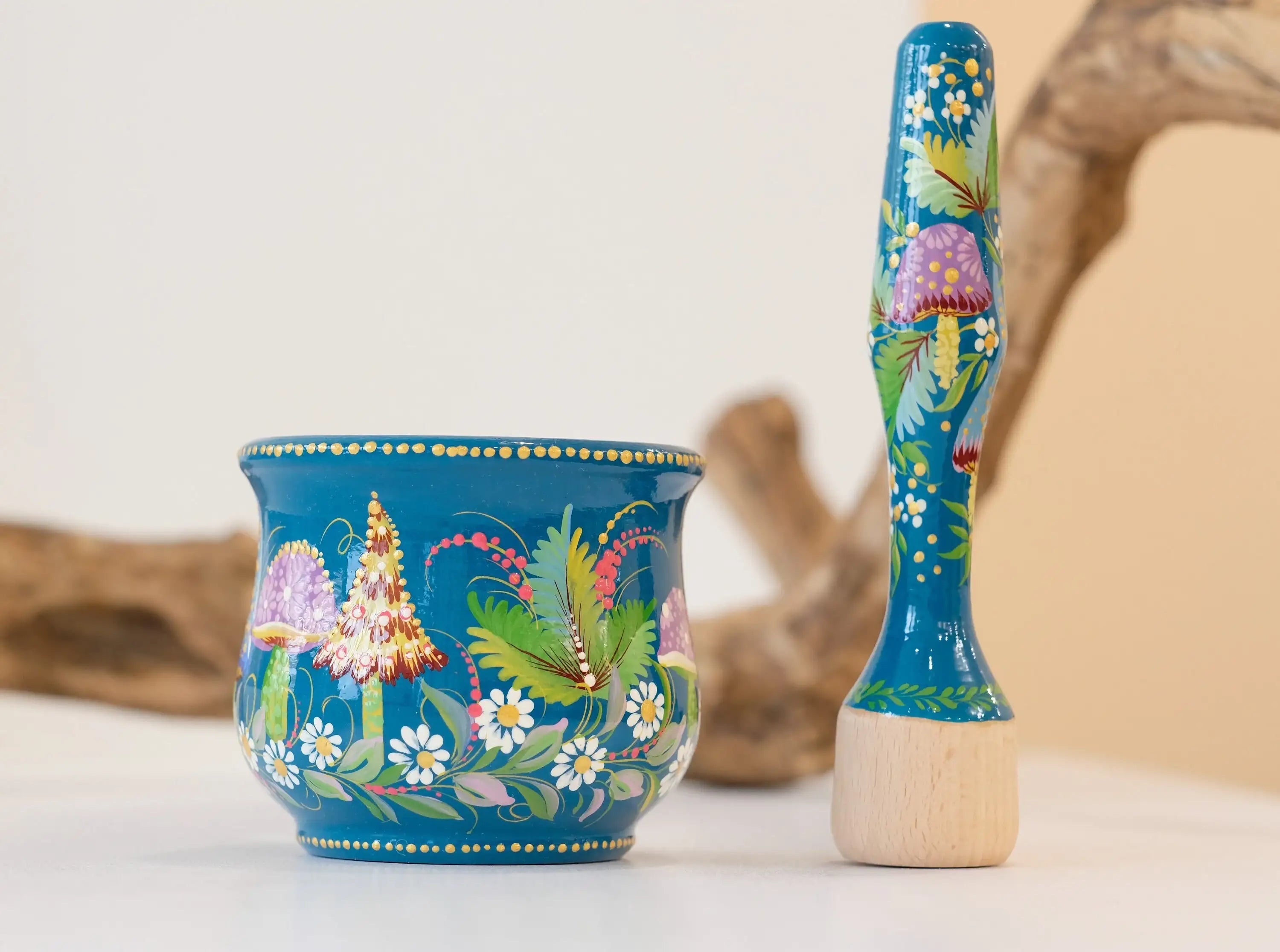 Wooden Mushroom Mortar and Pestle Set - Hand-Painted Artisanal Turquoise Grinding Bowl Crush Bowl