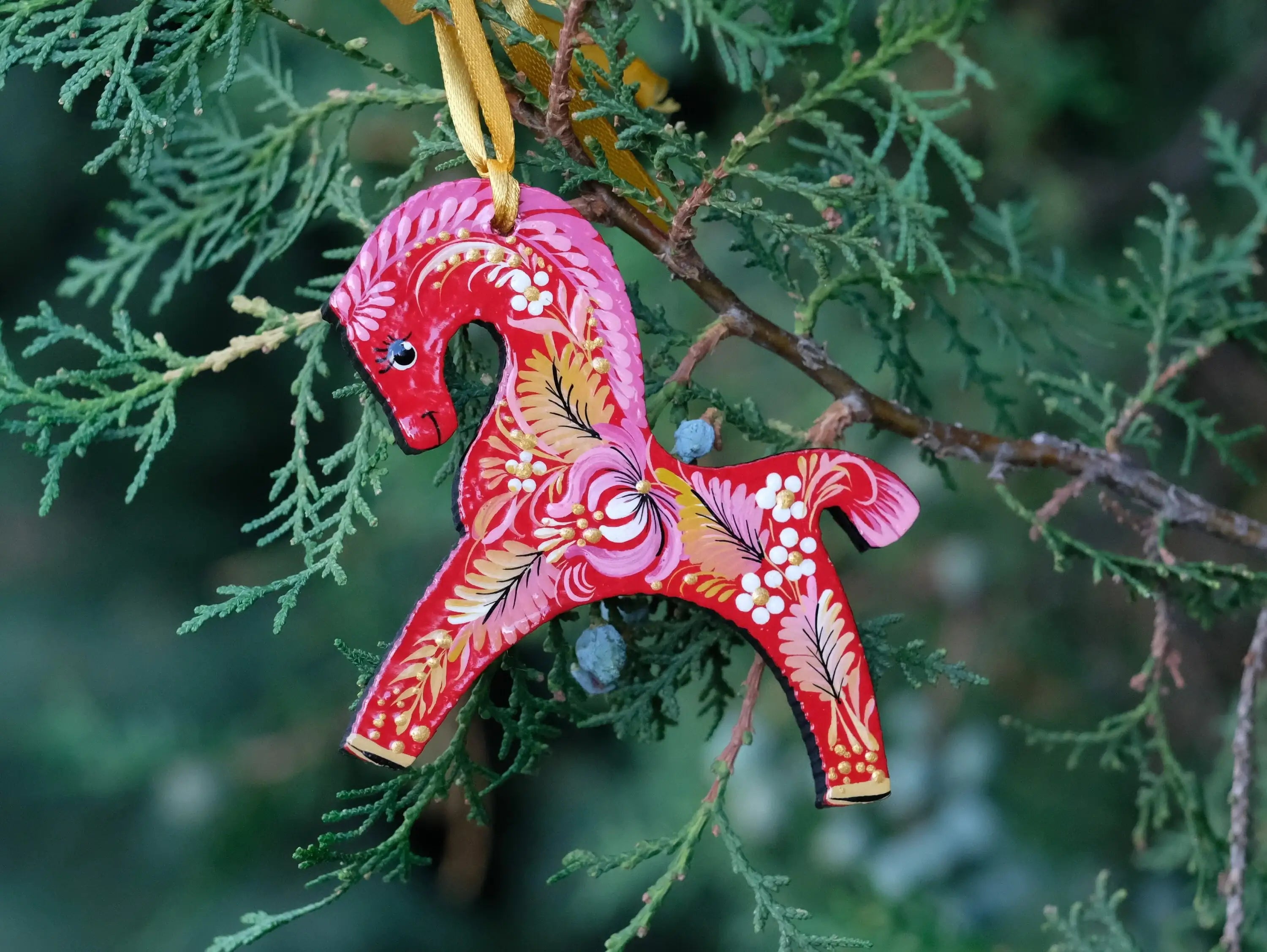 Red Horse Christmas Ornament Painted on Wood