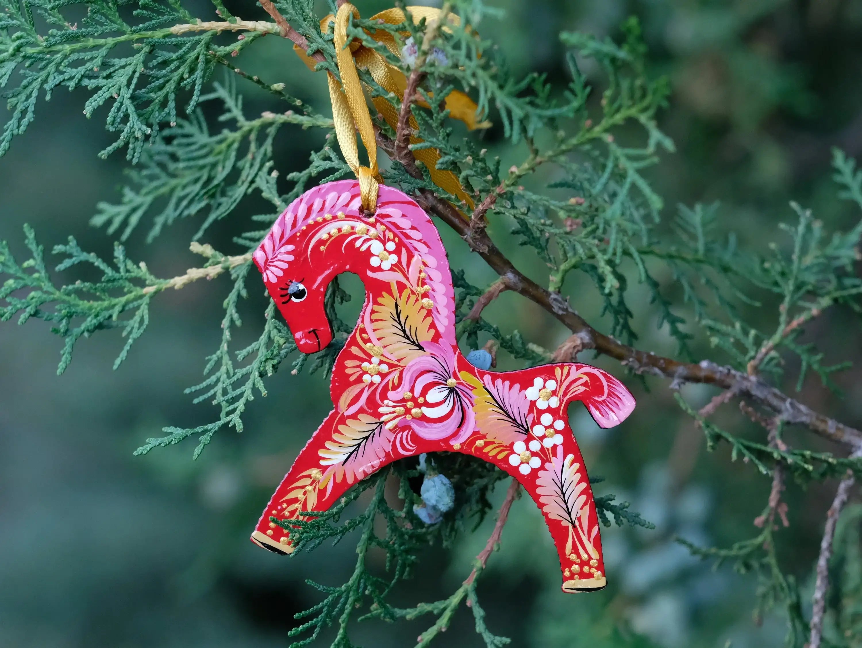 Red Horse Christmas Ornament Painted on Wood