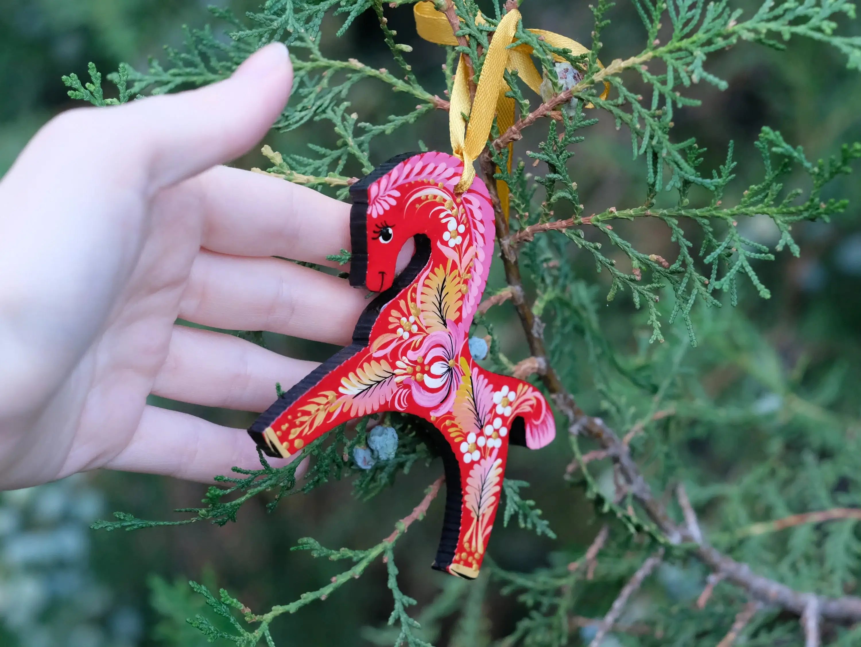 Red Horse Christmas Ornament Painted on Wood