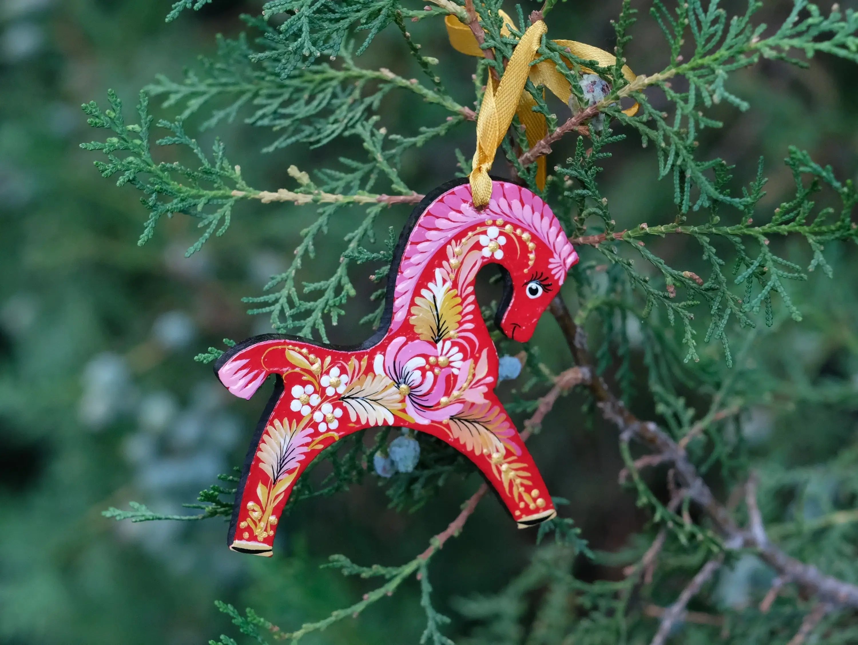 Red Horse Christmas Ornament Painted on Wood