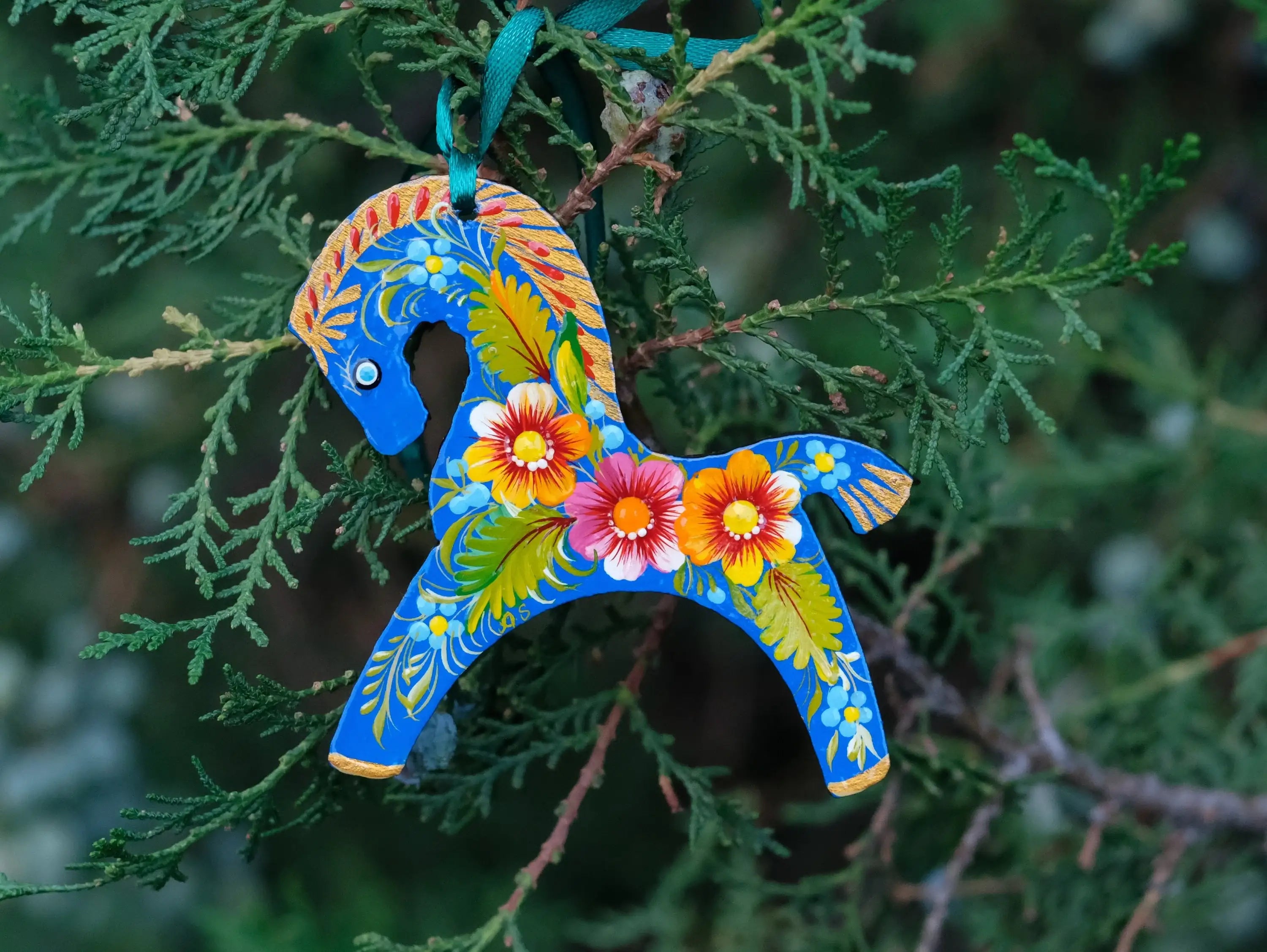 Blue Horse Easter Ornament Painted on Wood