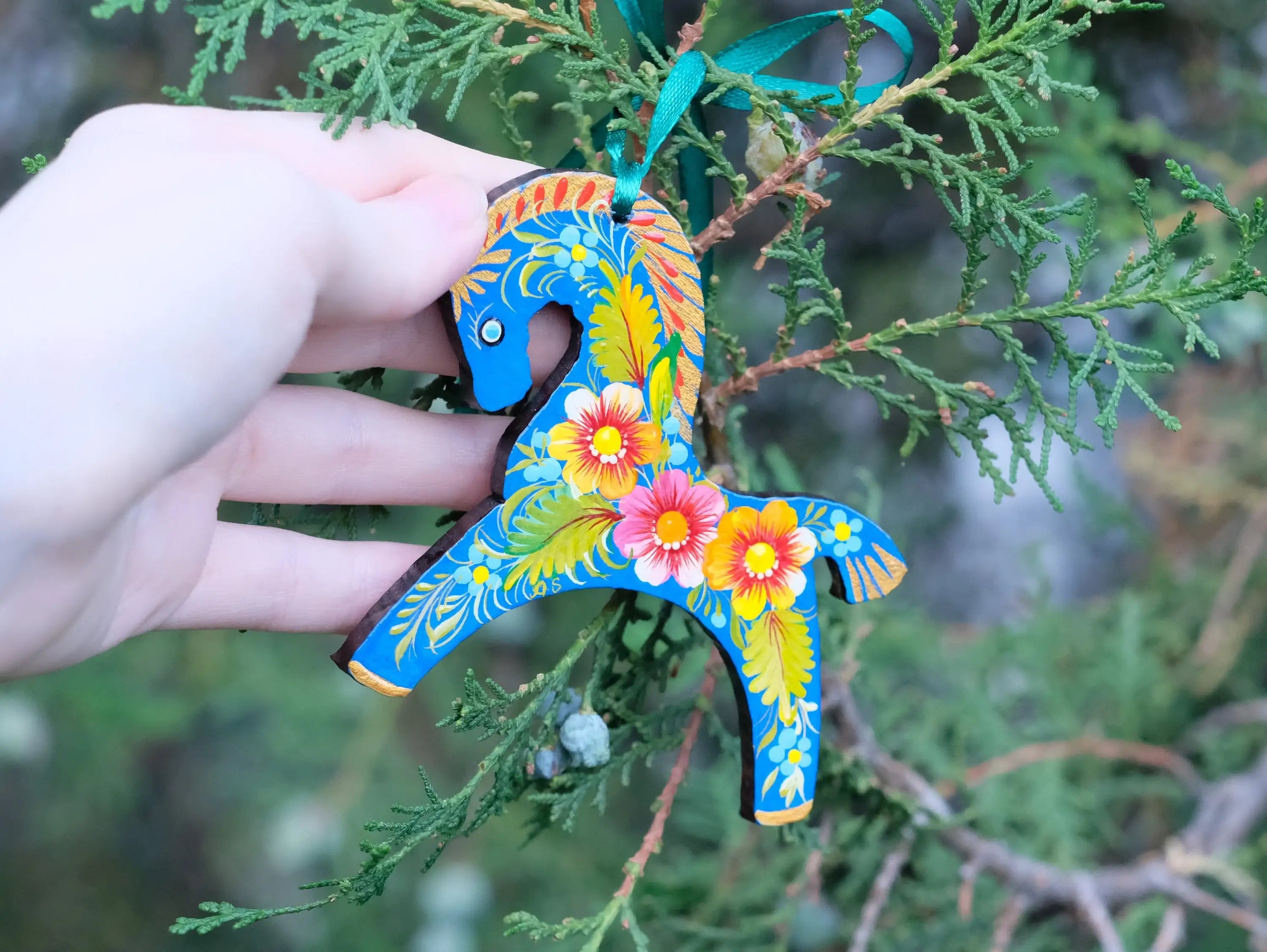 Blue Horse Easter Ornament Painted on Wood
