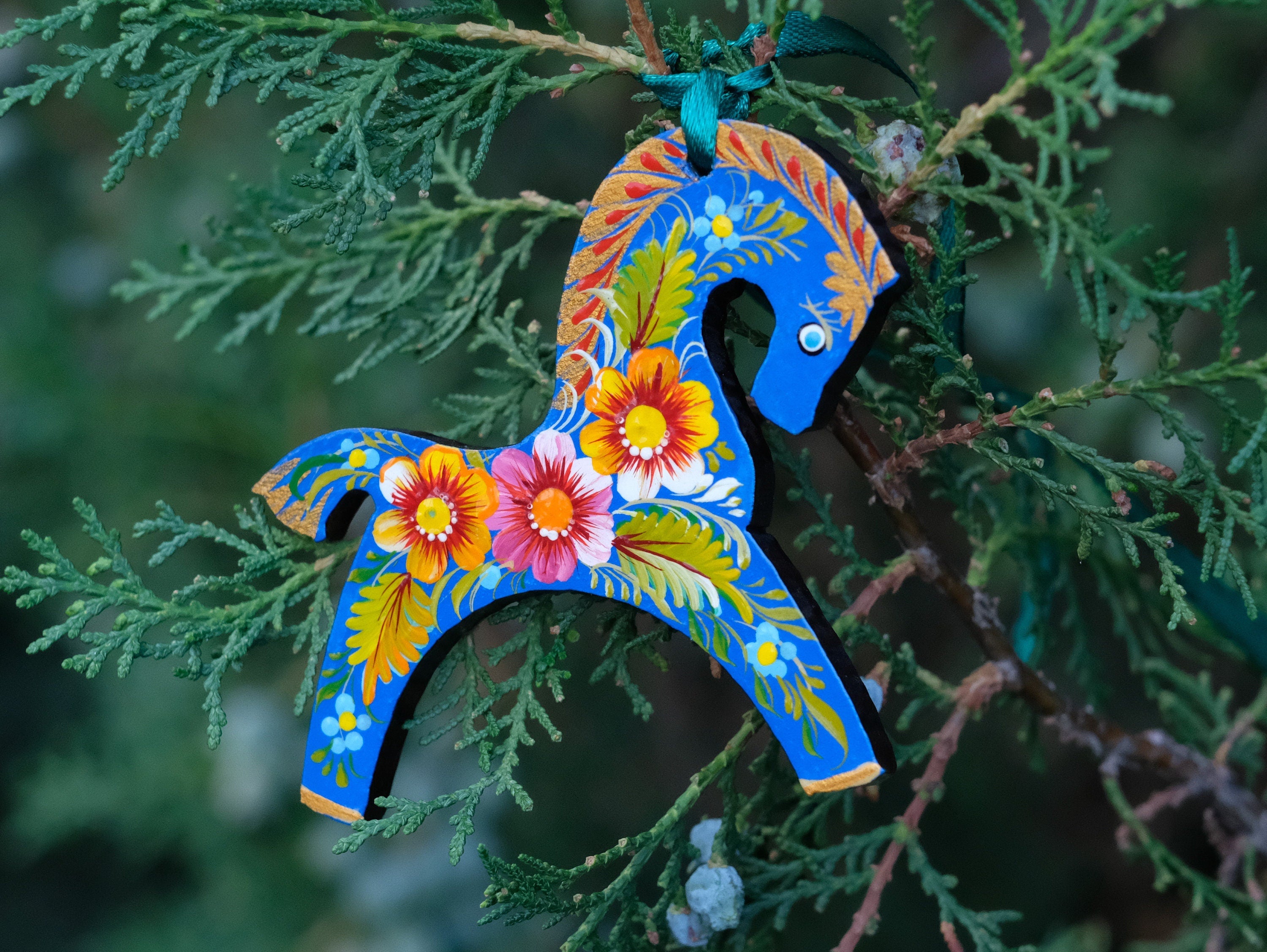 Blue Horse Easter Ornament Painted on Wood