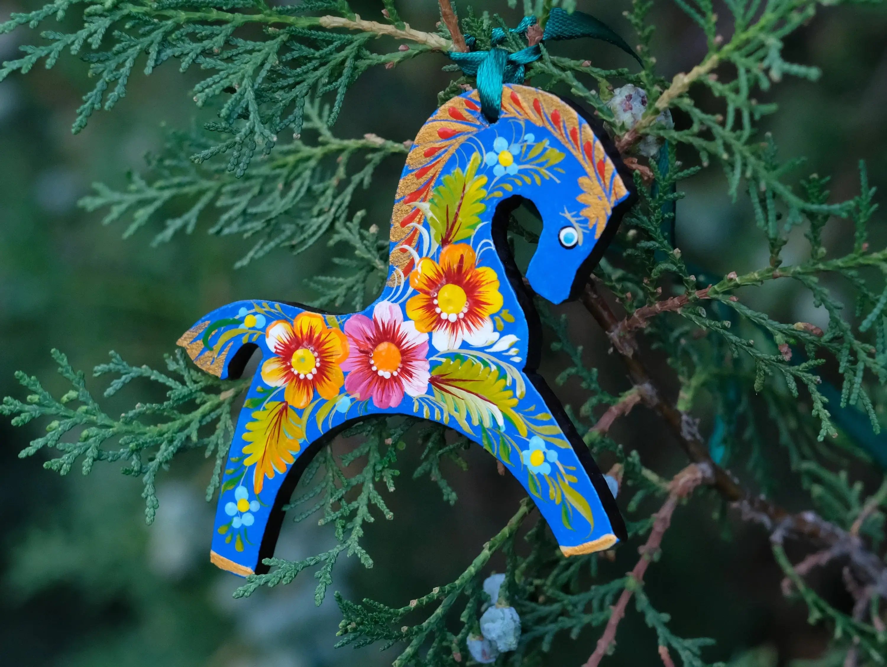 Blue Horse Easter Ornament Painted on Wood