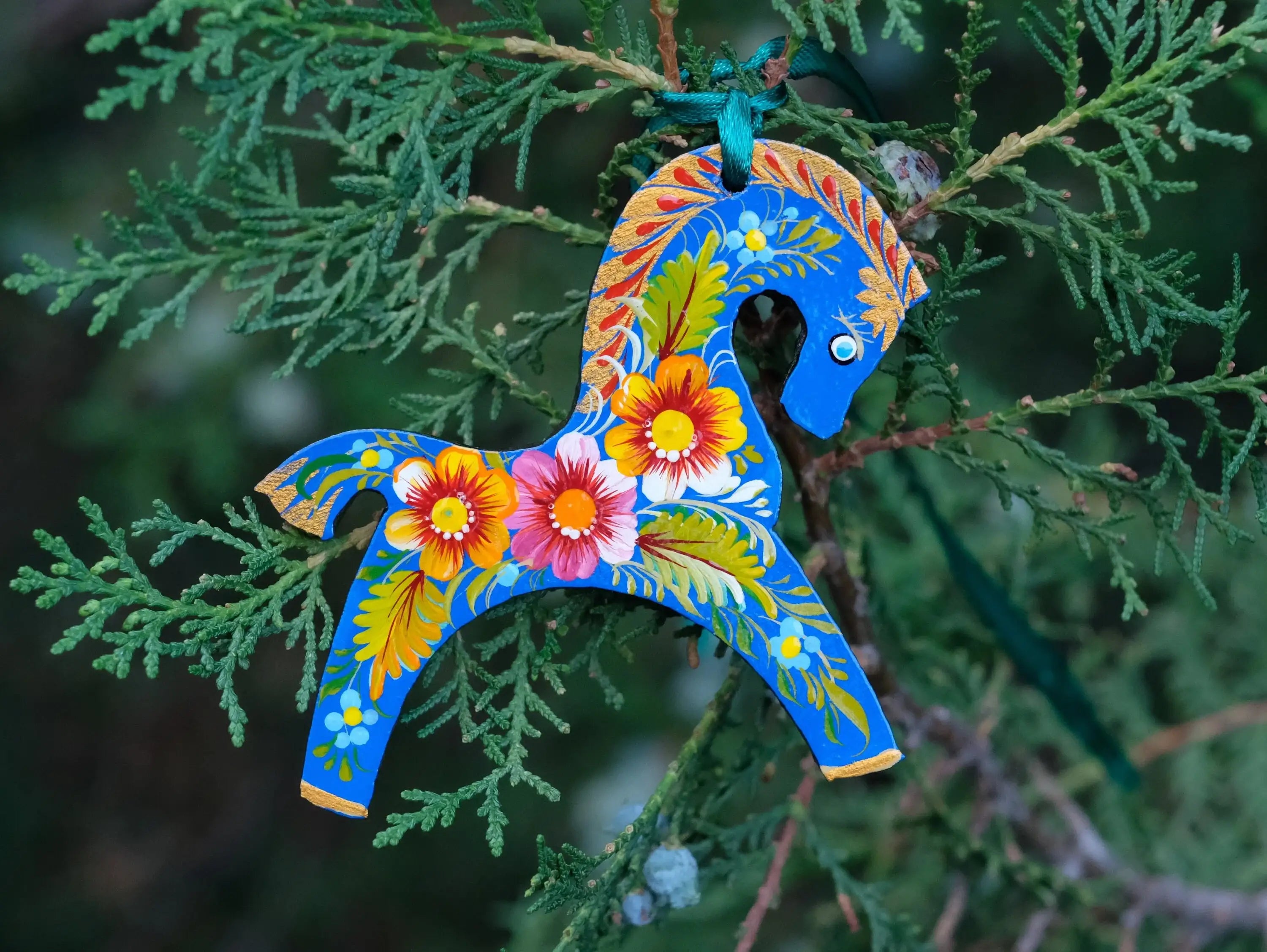 Blue Horse Easter Ornament Painted on Wood