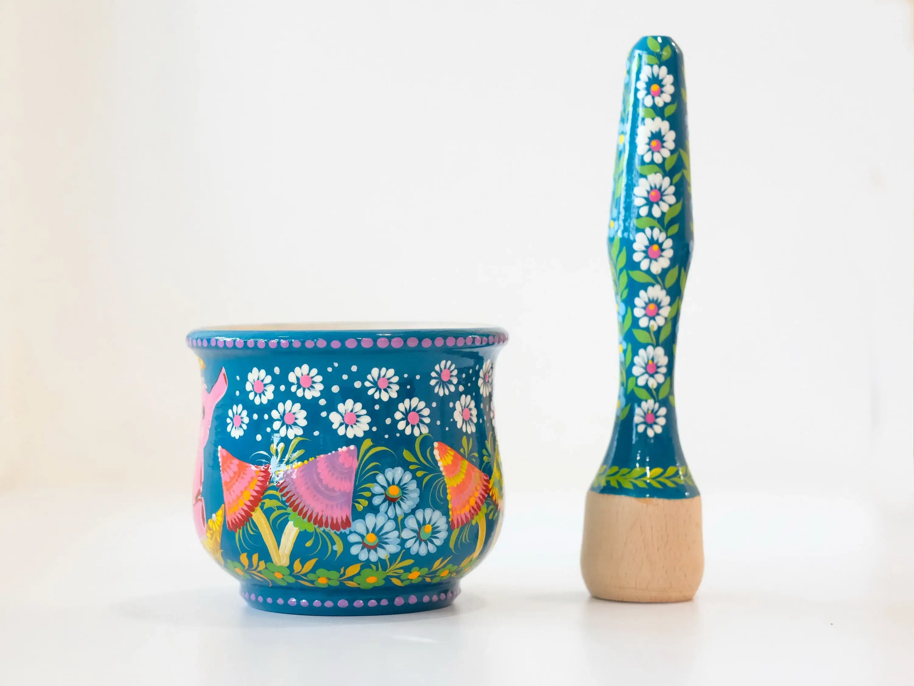 Wooden Mortar and Pestle set with Hand-painted Pink Elephant on Moon - Mushroom Spices Masher, Artisanal Turquoise Crush Bowl