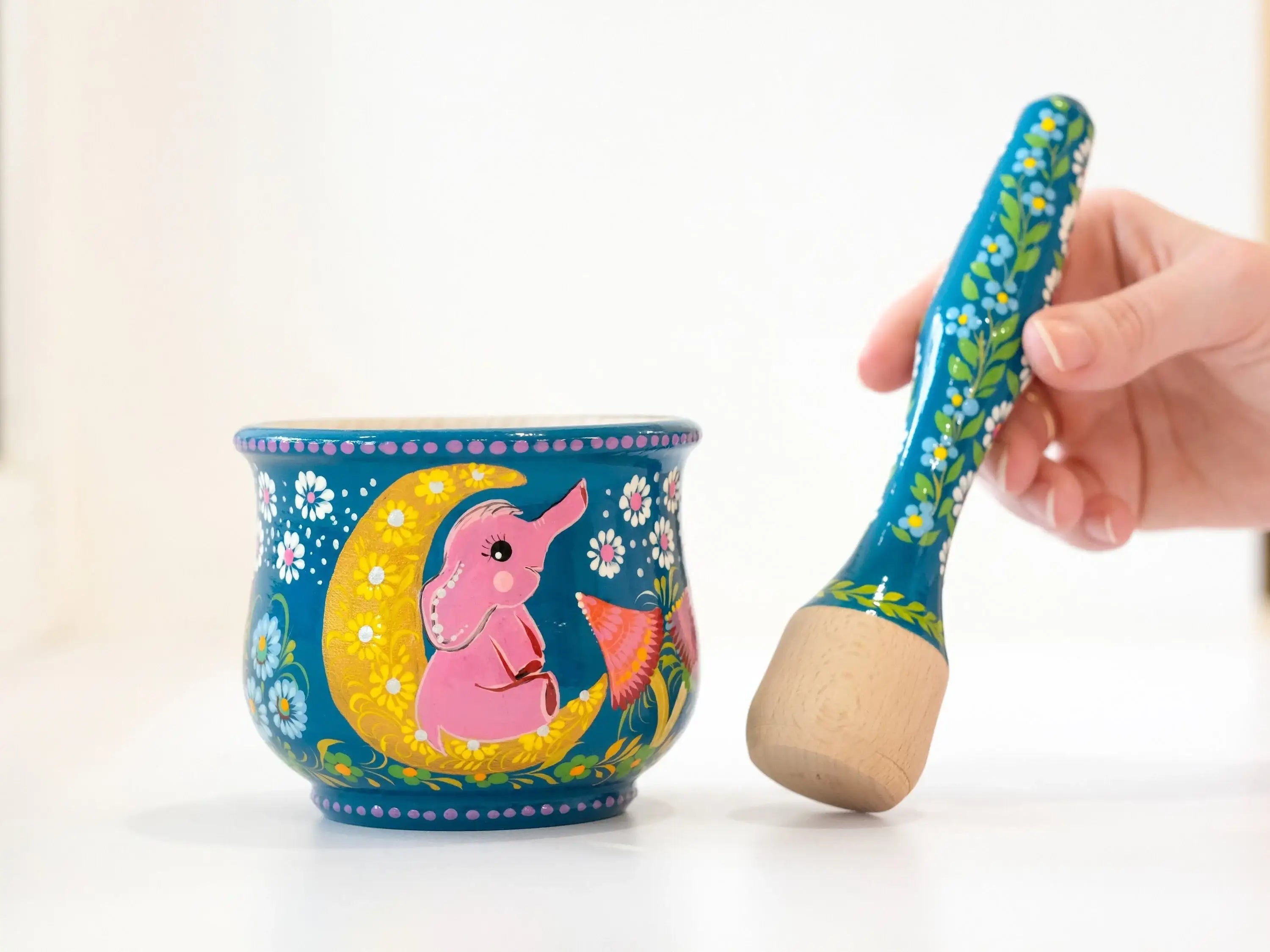 Wooden Mortar and Pestle set with Hand-painted Pink Elephant on Moon - Mushroom Spices Masher, Artisanal Turquoise Crush Bowl