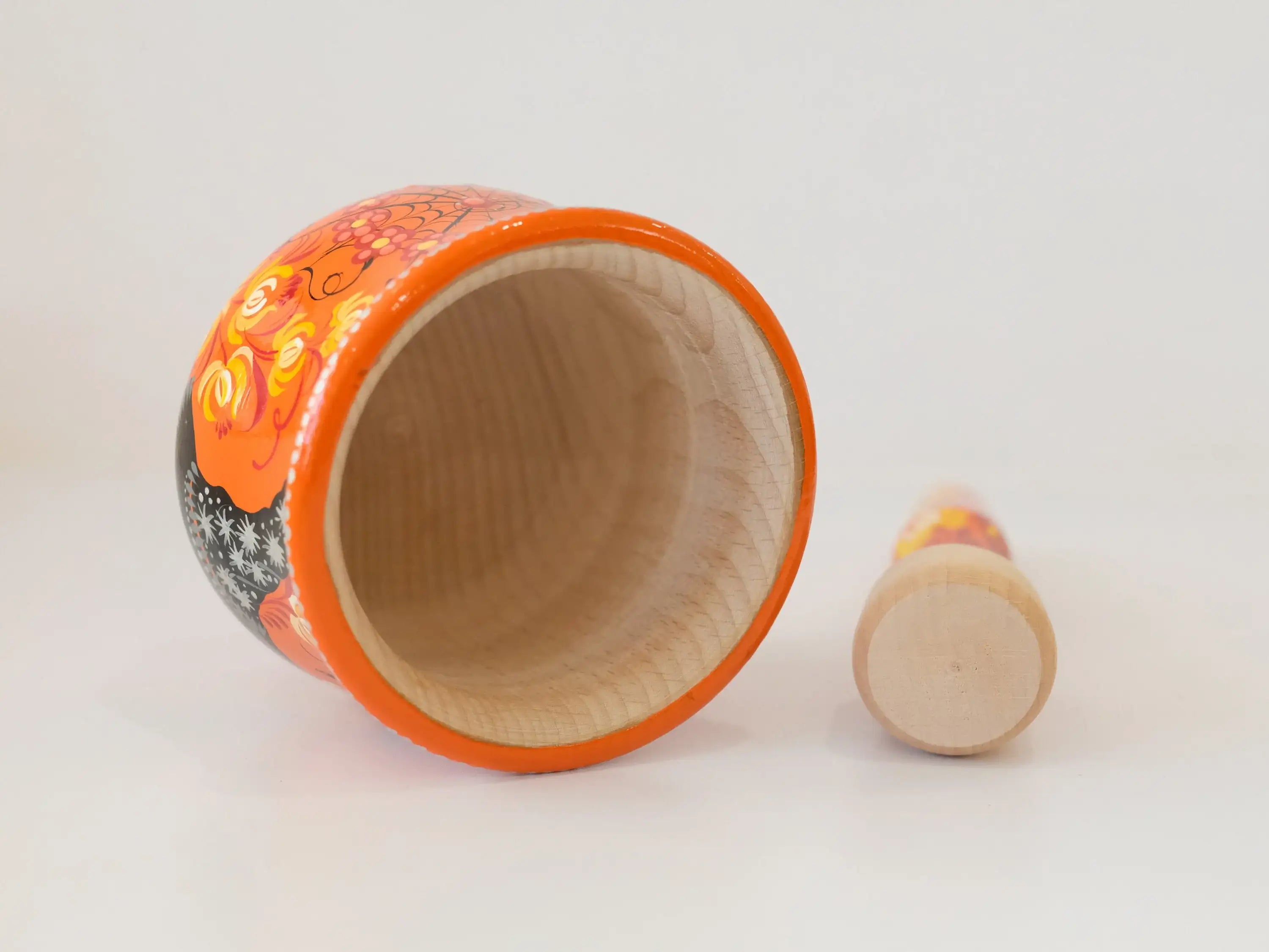 Wooden Mortar and Pestle Set Orange - Painted Halloween Crush Bowl with Witch Hat and Flying Bat