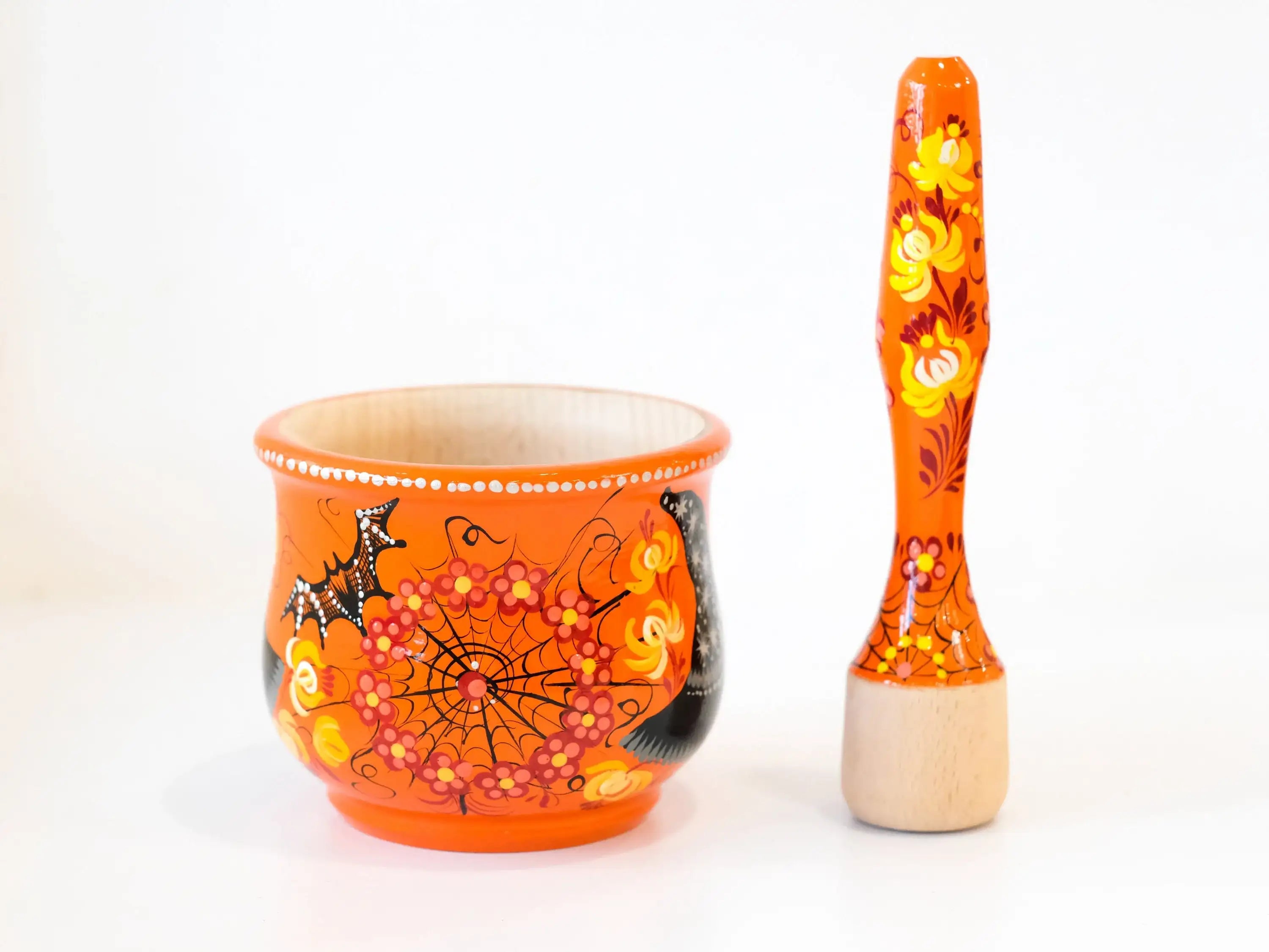 Wooden Mortar and Pestle Set Orange - Painted Halloween Crush Bowl with Witch Hat and Flying Bat