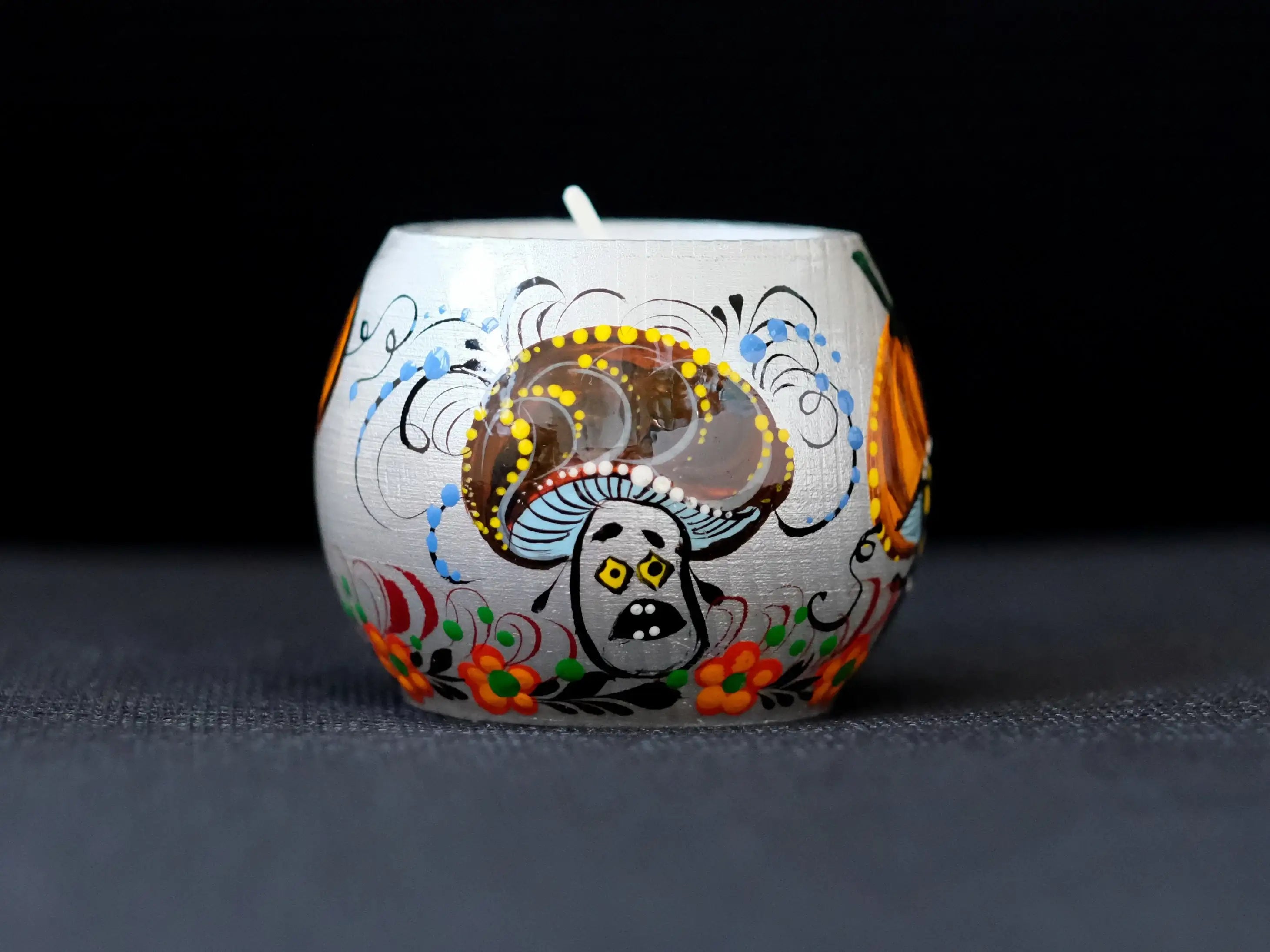 Painted Wooden Mushroom Candle Holder - Spooky Mushroom Face Halloween Tea Light Candle Holder