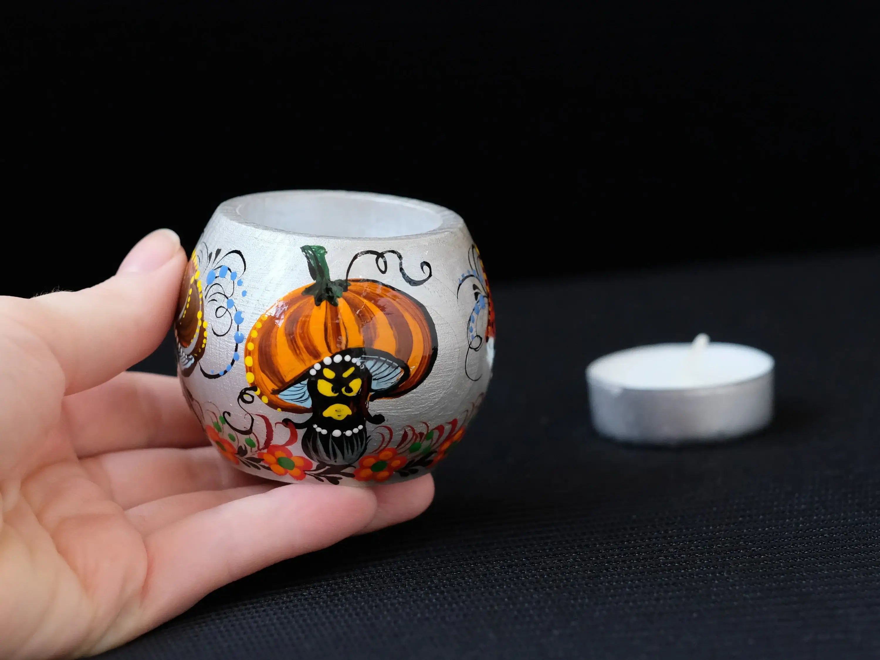 Painted Wooden Mushroom Candle Holder - Spooky Mushroom Face Halloween Tea Light Candle Holder