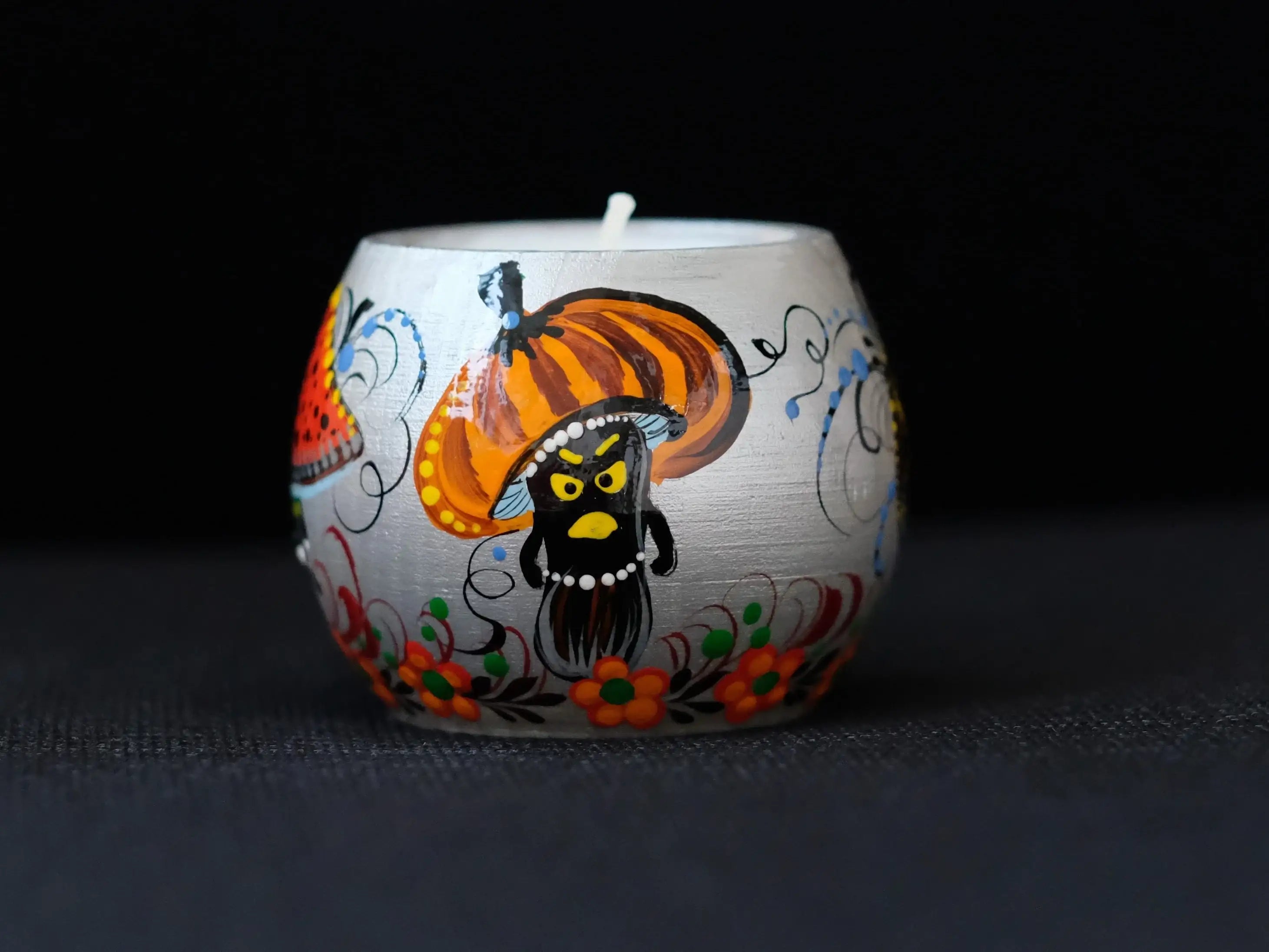 Painted Wooden Mushroom Candle Holder - Spooky Mushroom Face Halloween Tea Light Candle Holder