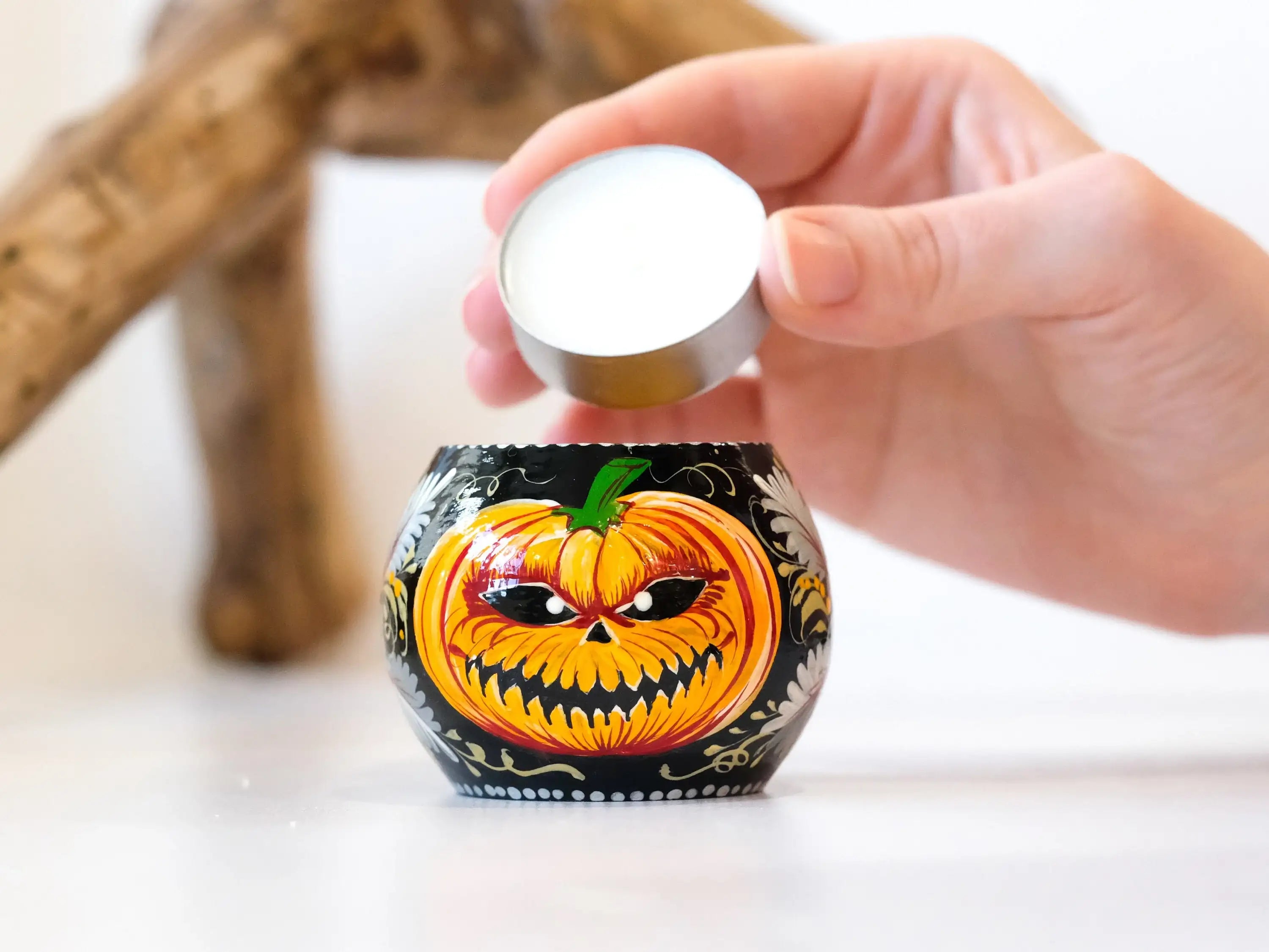 Painted Wooden Pumpkin Face Candle Holder - Halloween Jack o'lantern Tea Light Candle Holder
