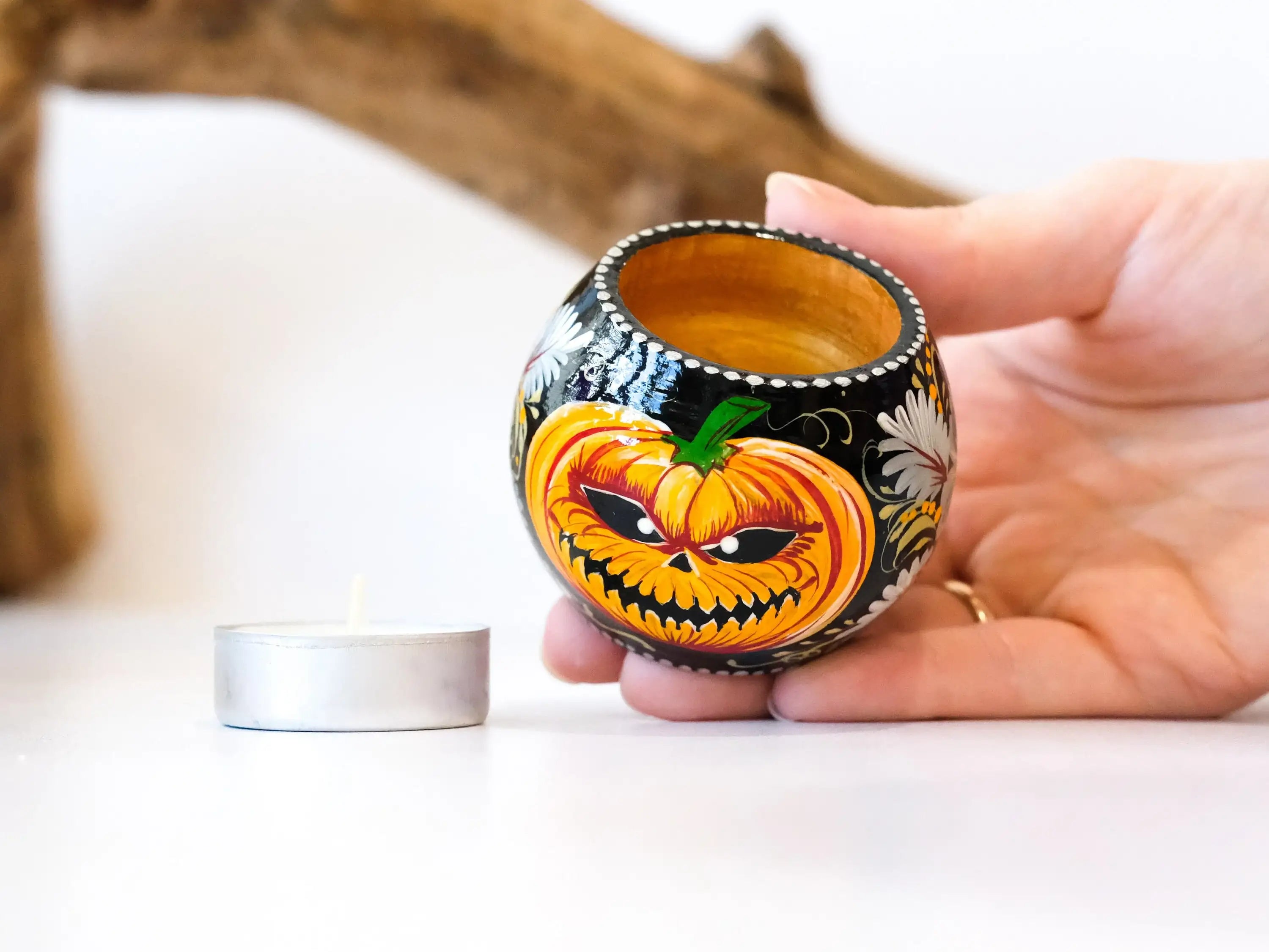 Painted Wooden Pumpkin Face Candle Holder - Halloween Jack o'lantern Tea Light Candle Holder