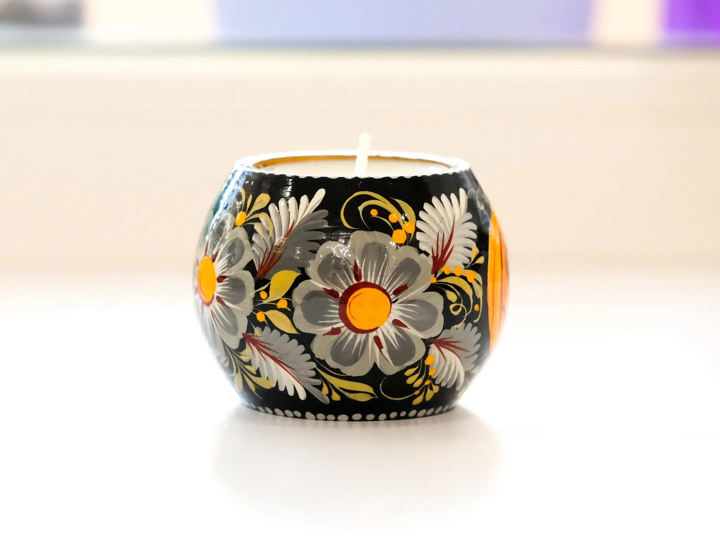 Painted Wooden Pumpkin Face Candle Holder - Halloween Jack o'lantern Tea Light Candle Holder