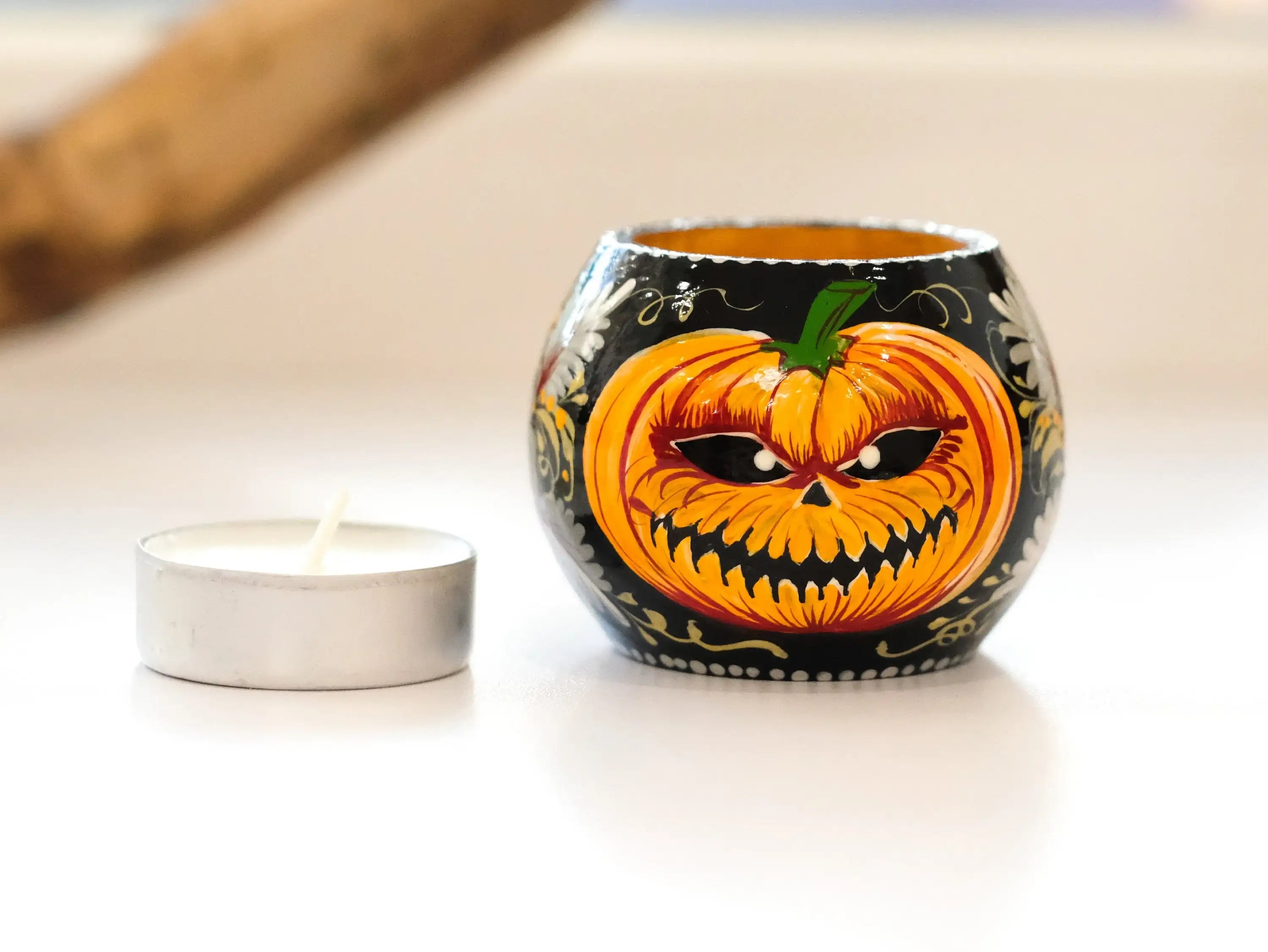 Painted Wooden Pumpkin Face Candle Holder - Halloween Jack o'lantern Tea Light Candle Holder