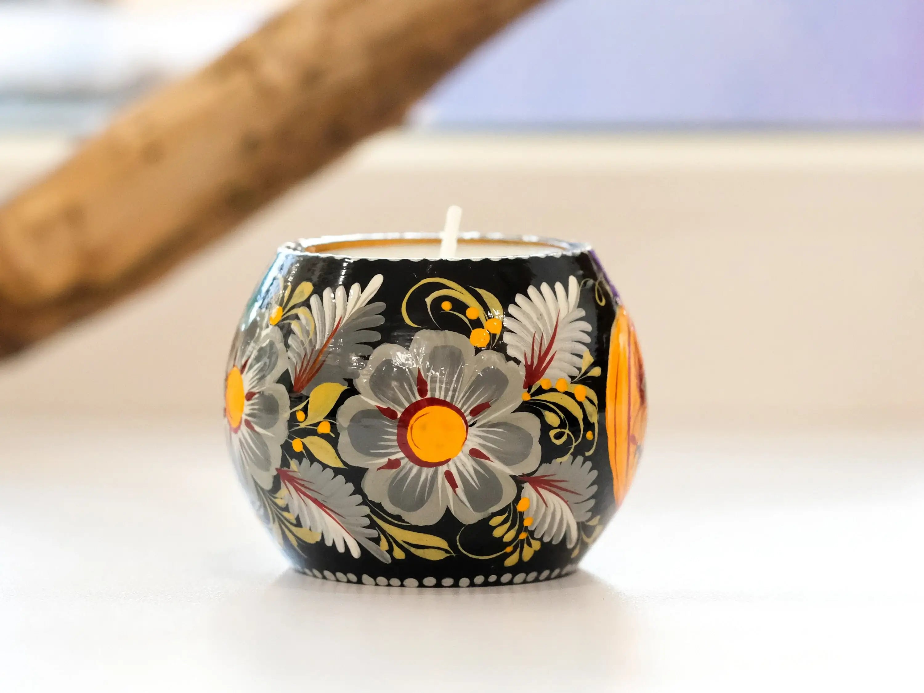 Painted Wooden Pumpkin Face Candle Holder - Halloween Jack o'lantern Tea Light Candle Holder