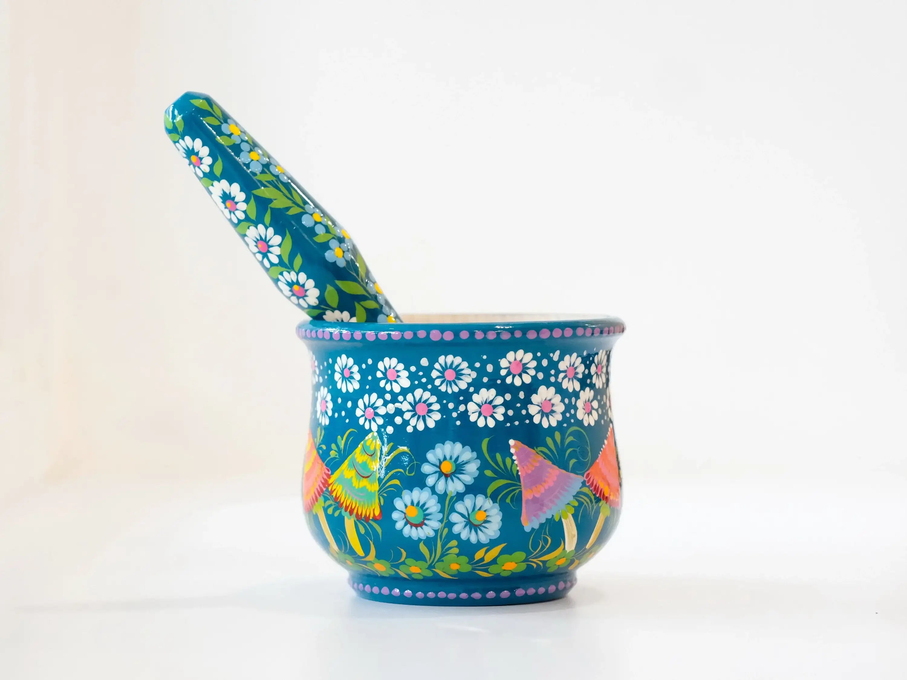 Wooden Mortar and Pestle set with Hand-painted Pink Elephant on Moon - Mushroom Spices Masher, Artisanal Turquoise Crush Bowl