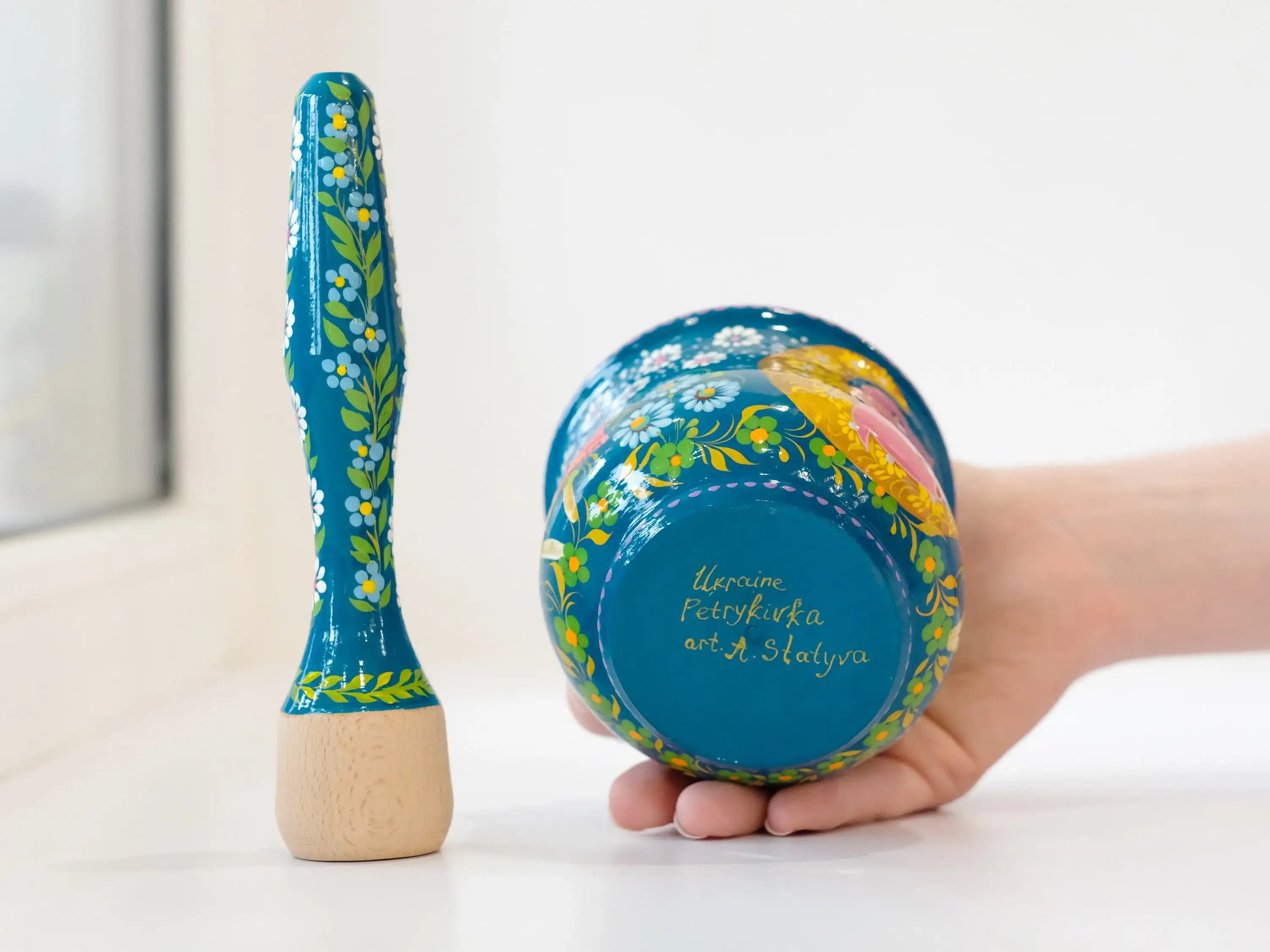 Wooden Mortar and Pestle set with Hand-painted Pink Elephant on Moon - Mushroom Spices Masher, Artisanal Turquoise Crush Bowl