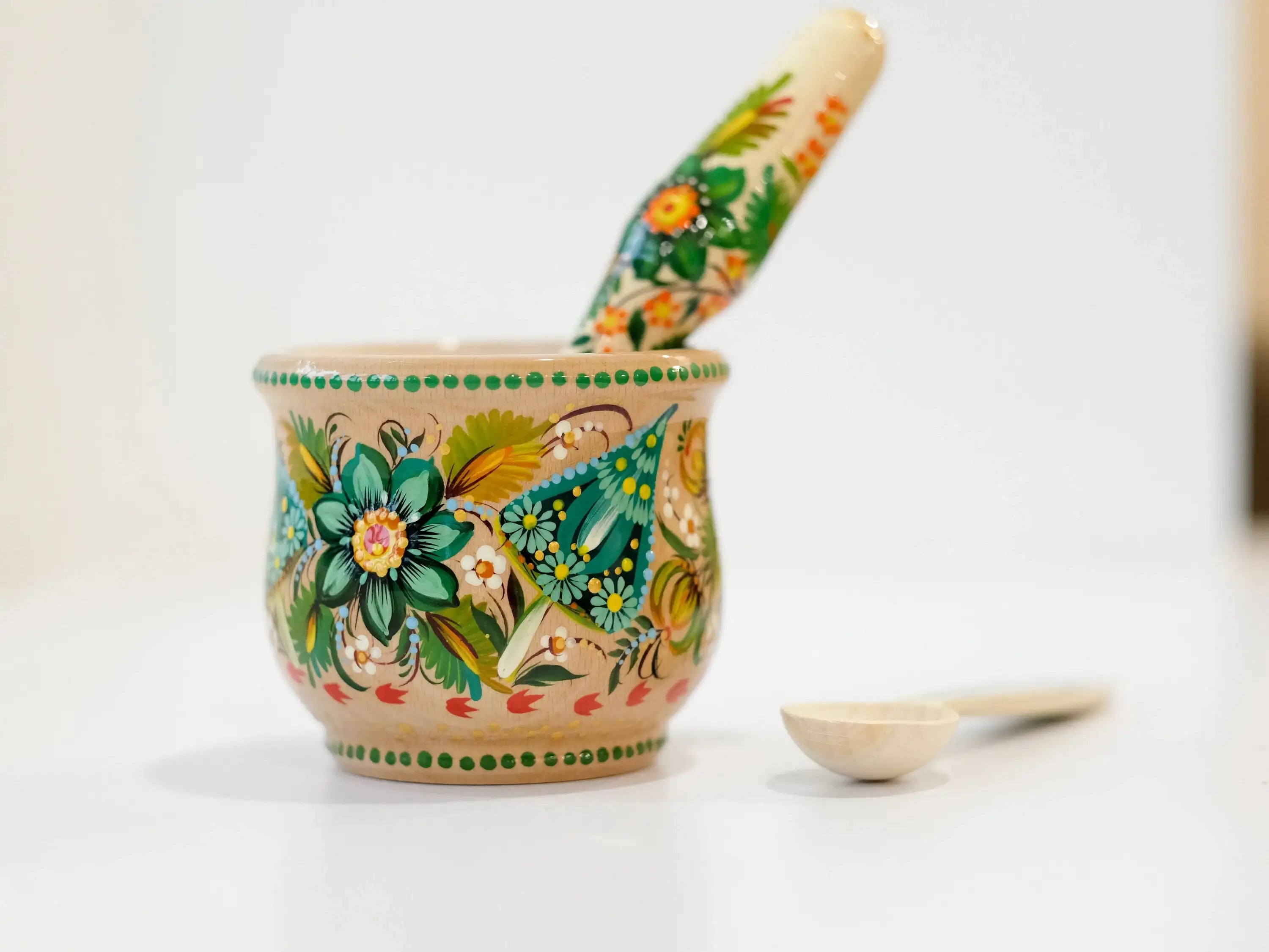 Wooden Painted Mortar and Pestle Set - Small Duck and Mushroom Spices Masher, Petrykivka Art Grinding Bowl