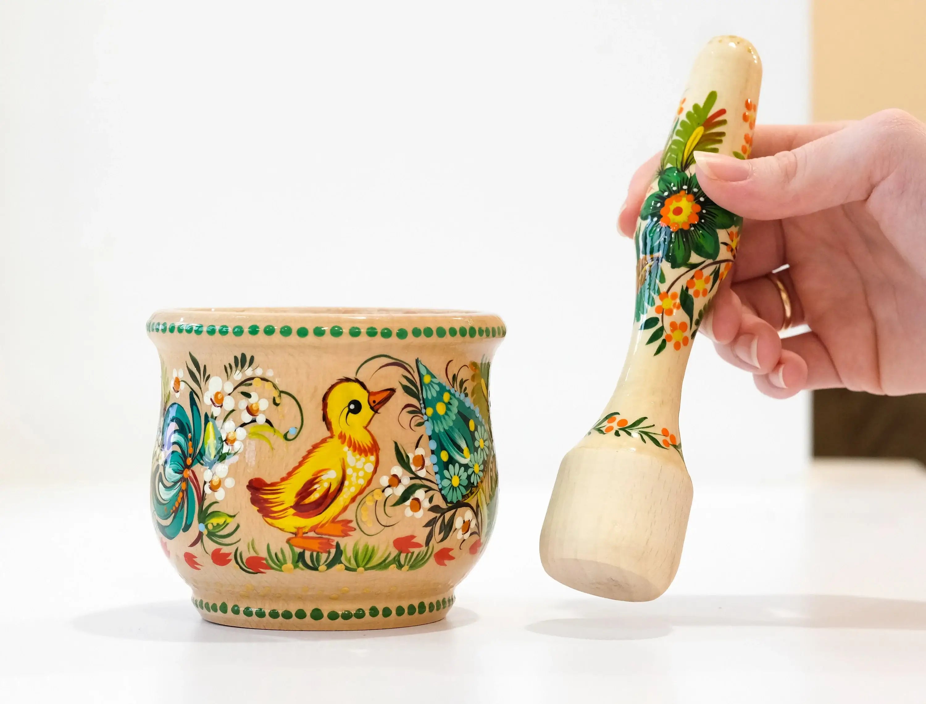 Wooden Painted Mortar and Pestle Set - Small Duck and Mushroom Spices Masher, Petrykivka Art Grinding Bowl