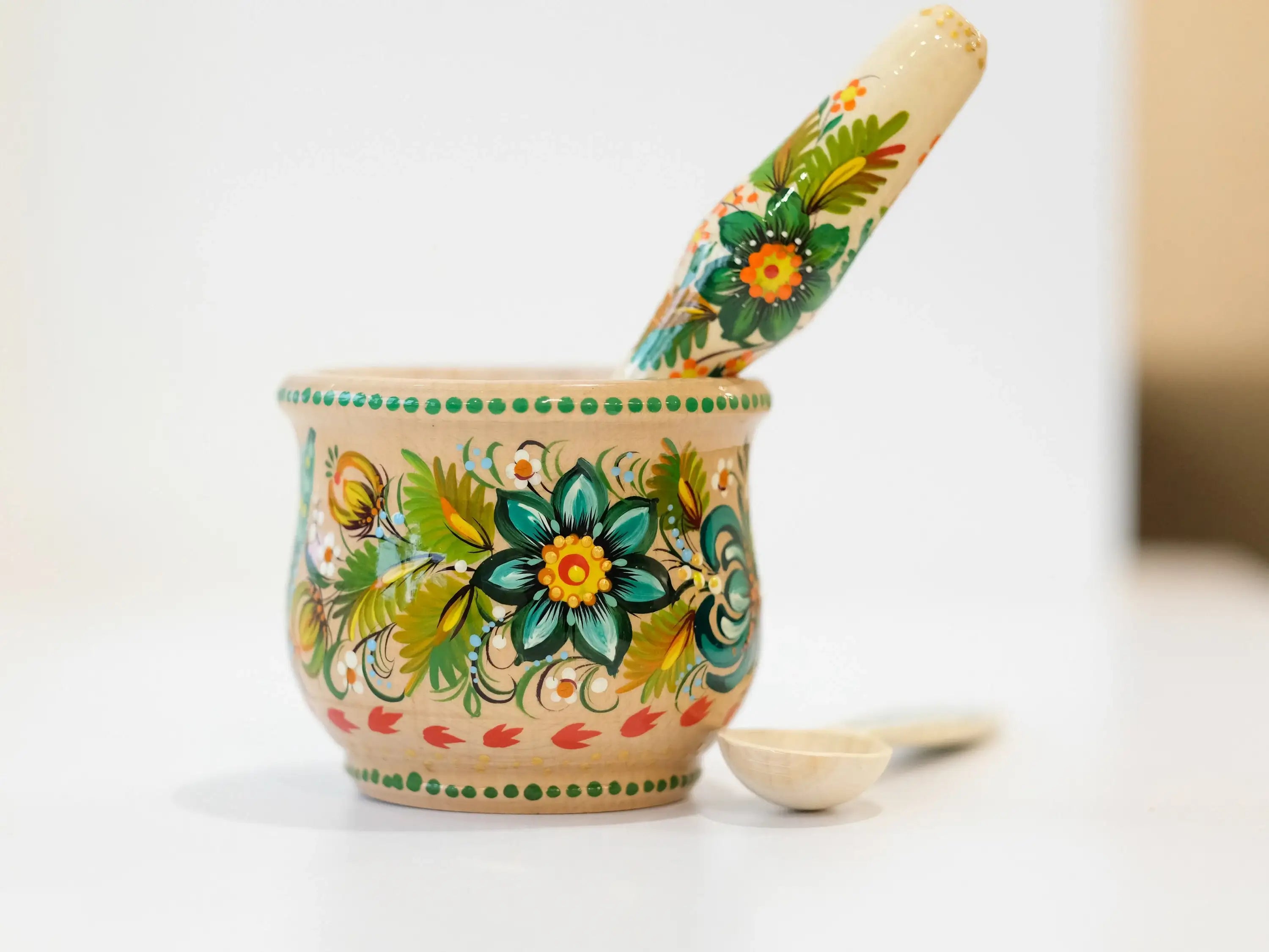 Wooden Painted Mortar and Pestle Set - Small Duck and Mushroom Spices Masher, Petrykivka Art Grinding Bowl