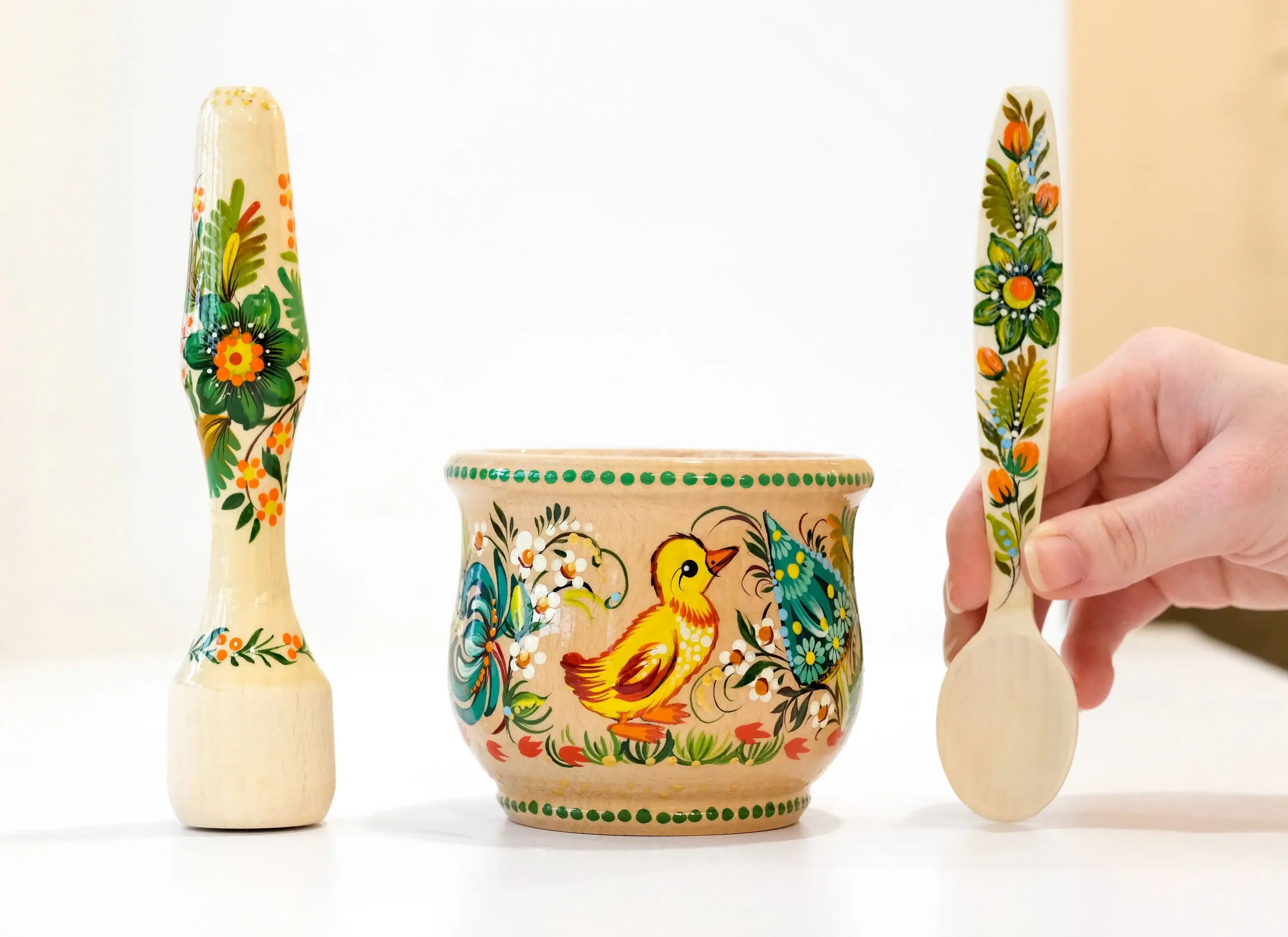 Wooden Painted Mortar and Pestle Set - Small Duck and Mushroom Spices Masher, Petrykivka Art Grinding Bowl