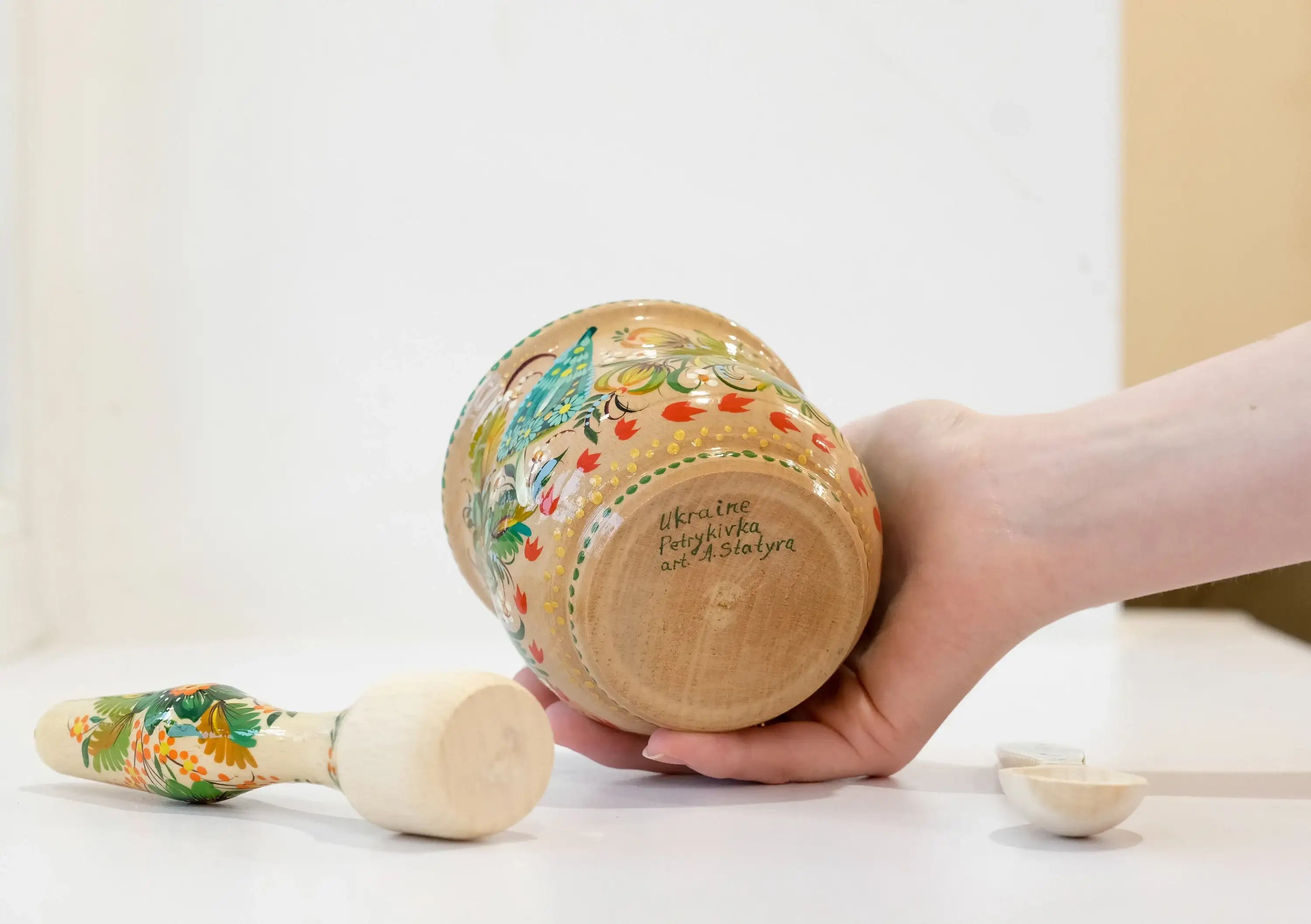 Wooden Painted Mortar and Pestle Set - Small Duck and Mushroom Spices Masher, Petrykivka Art Grinding Bowl