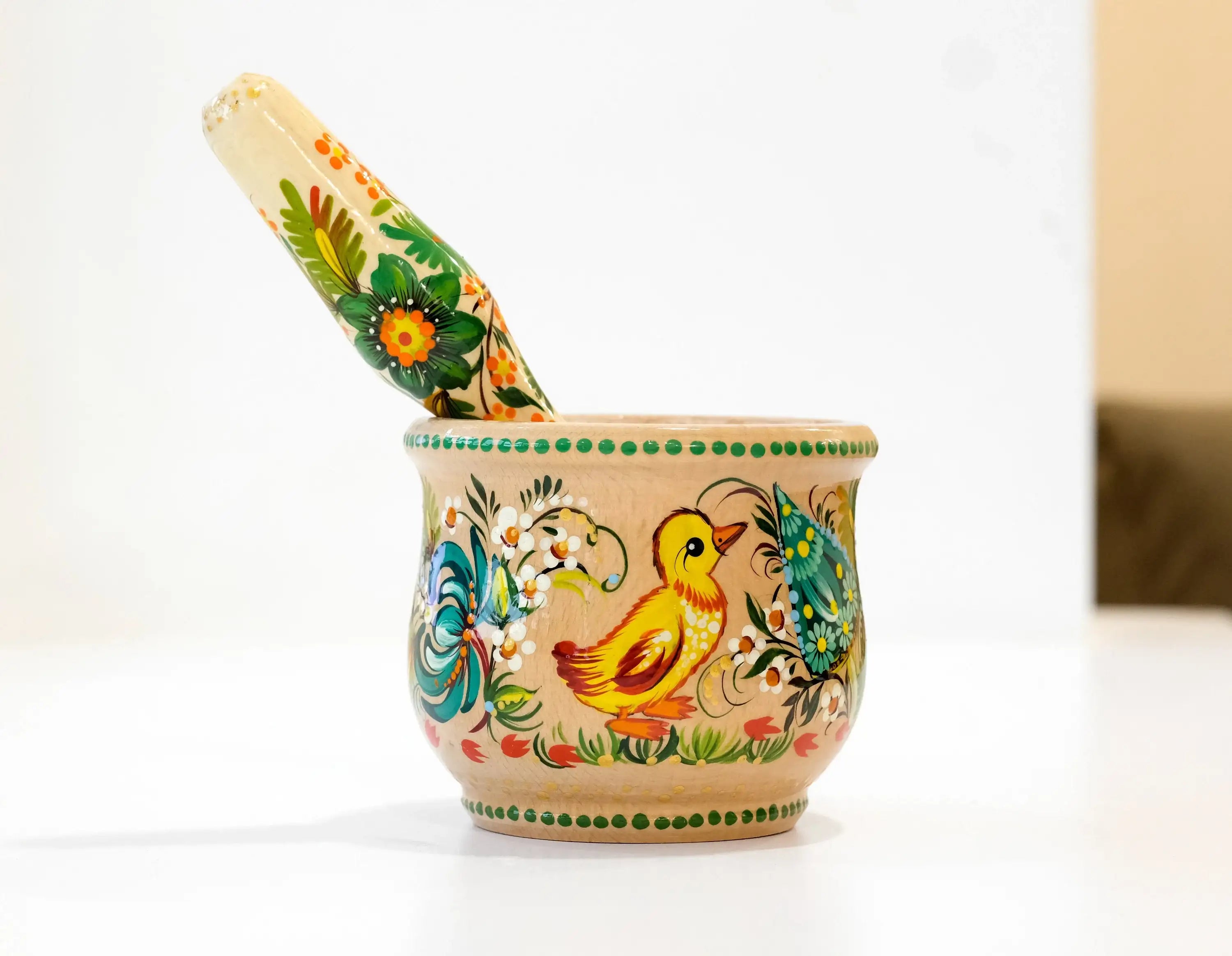Wooden Painted Mortar and Pestle Set - Small Duck and Mushroom Spices Masher, Petrykivka Art Grinding Bowl