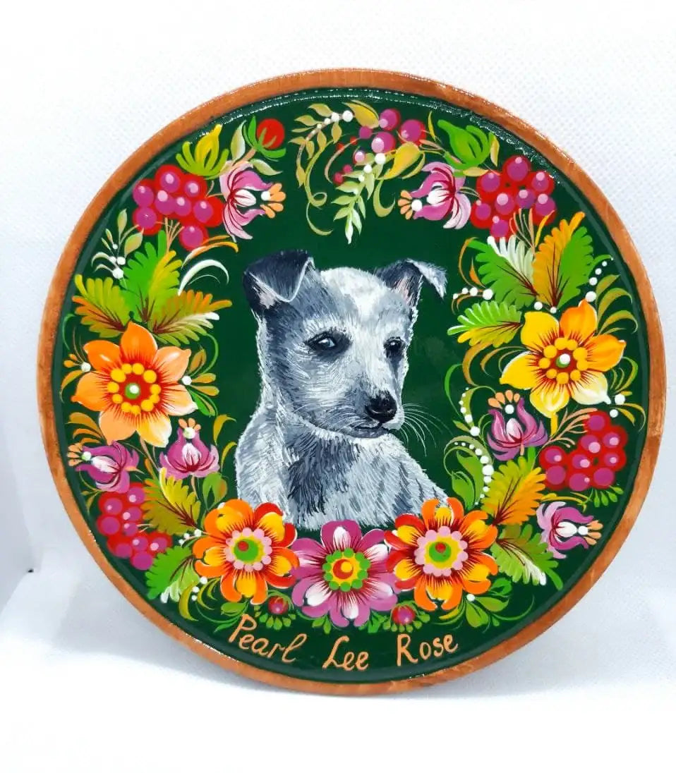 Custom Pet Portrait Painting on Wooden Plate - Personalized Pet Loss Memorial Gift, Dog Portrait Decorated with Petrykivka Art