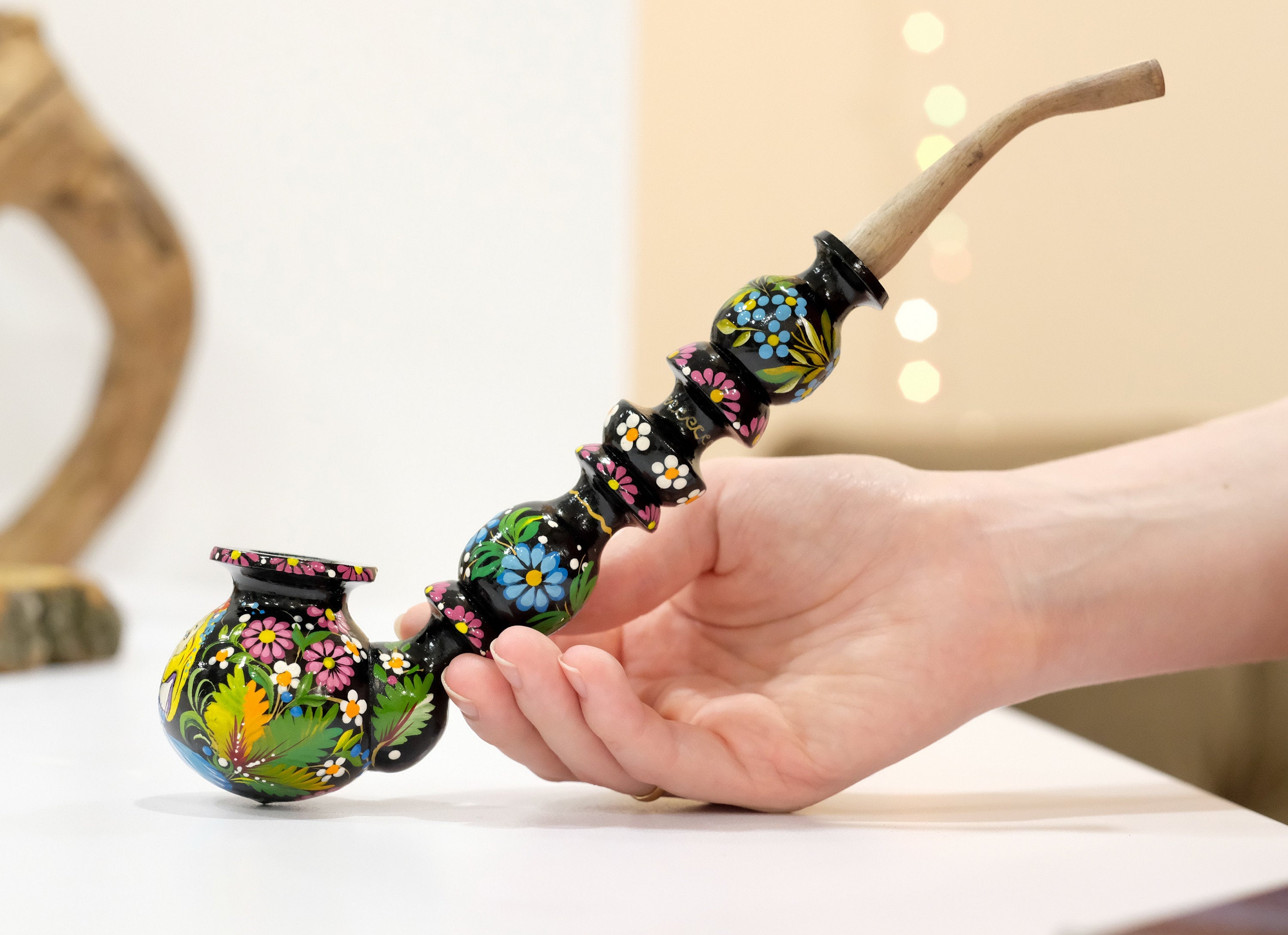 Painted Wooden Cartoon Smoking Pipe - Tobacco Pipe with Ukrainian Folk Art Petrykivka