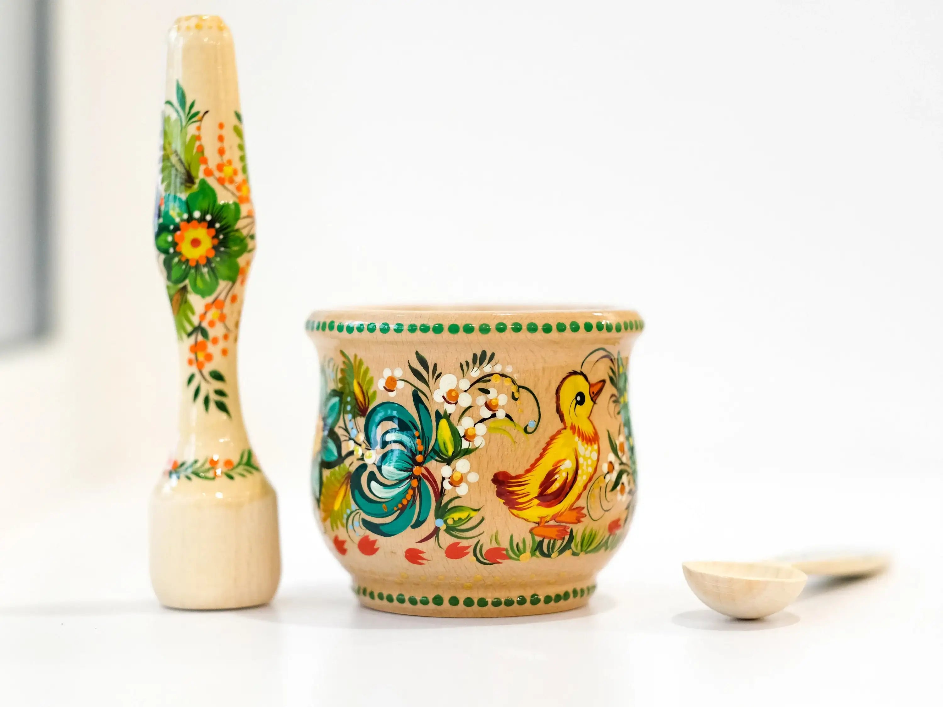 Wooden Painted Mortar and Pestle Set - Small Duck and Mushroom Spices Masher, Petrykivka Art Grinding Bowl