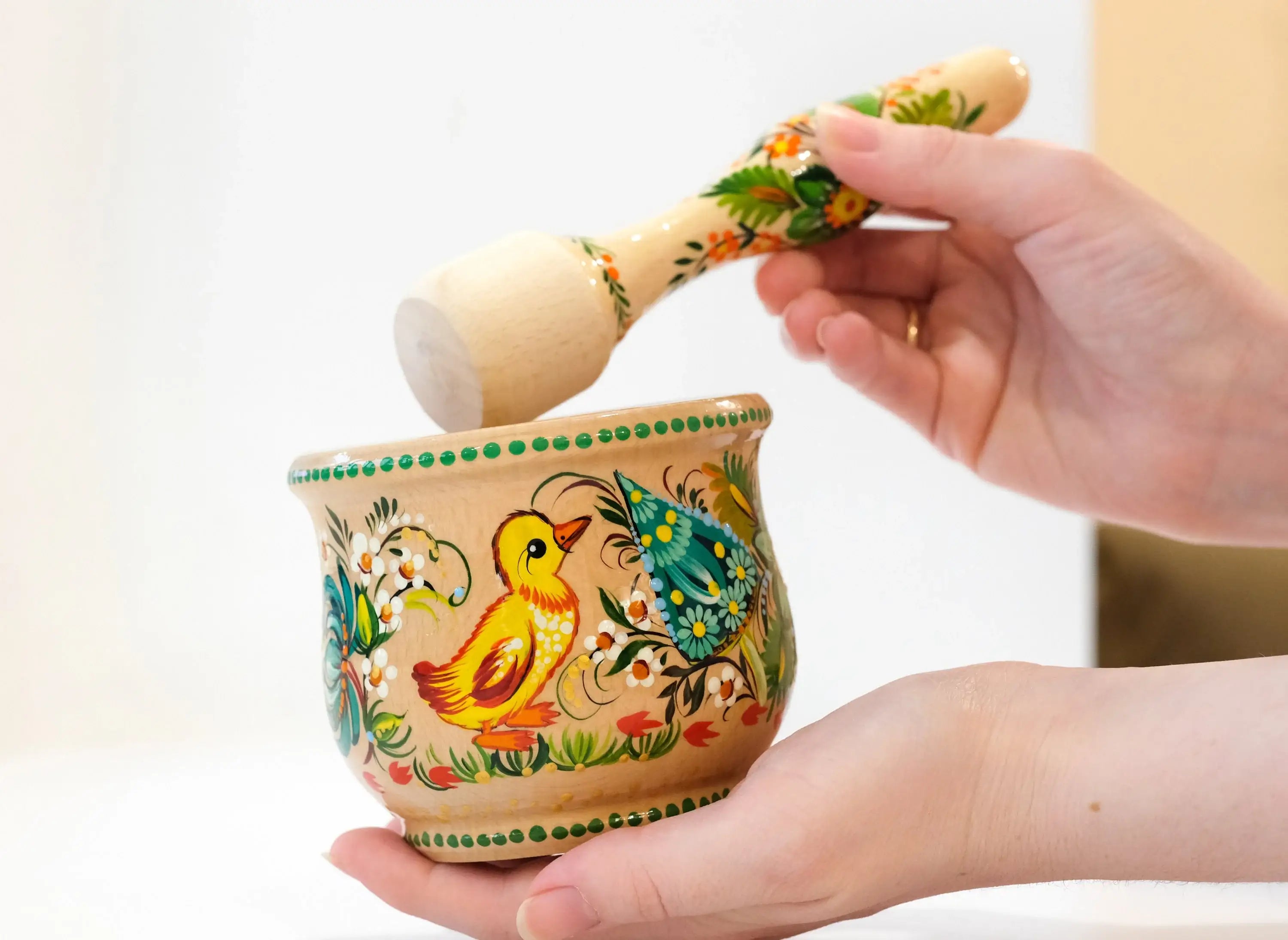 Wooden Painted Mortar and Pestle Set - Small Duck and Mushroom Spices Masher, Petrykivka Art Grinding Bowl