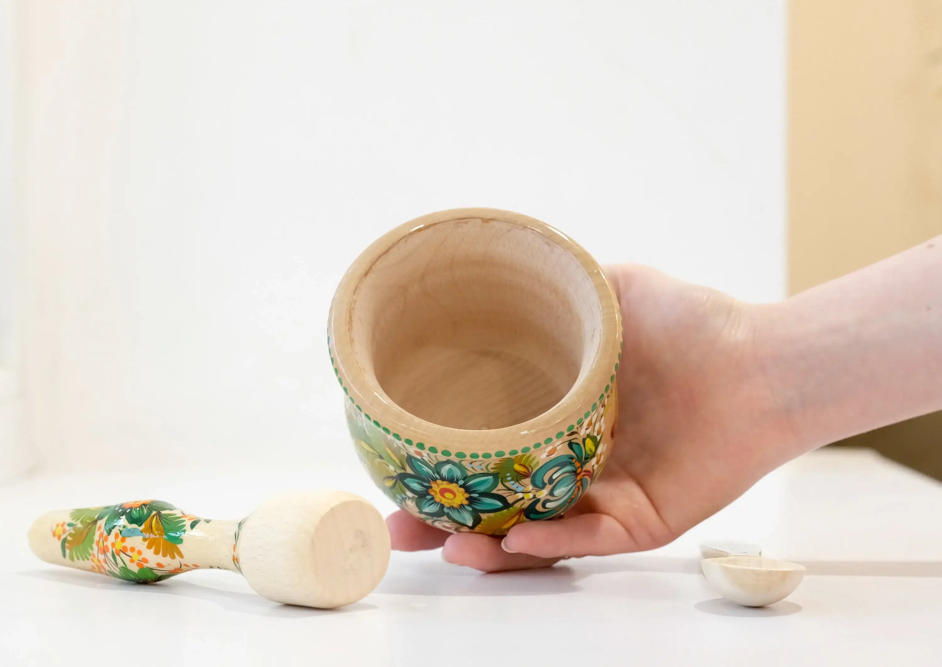 Wooden Painted Mortar and Pestle Set - Small Duck and Mushroom Spices Masher, Petrykivka Art Grinding Bowl