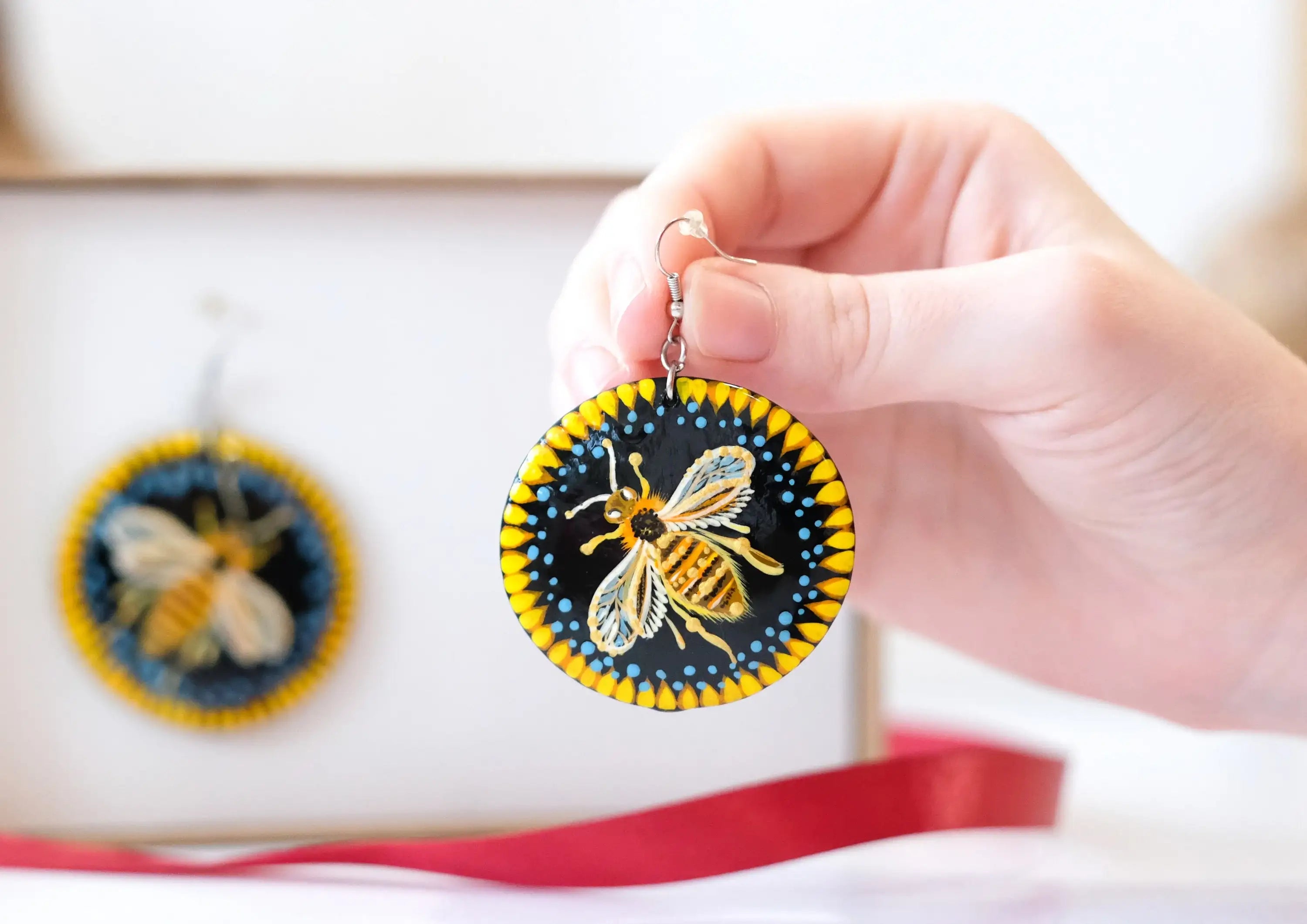 Painted Wooden Bee Earrings - Dangle Drop Hypoallergenic Large Circle Statement Necklace