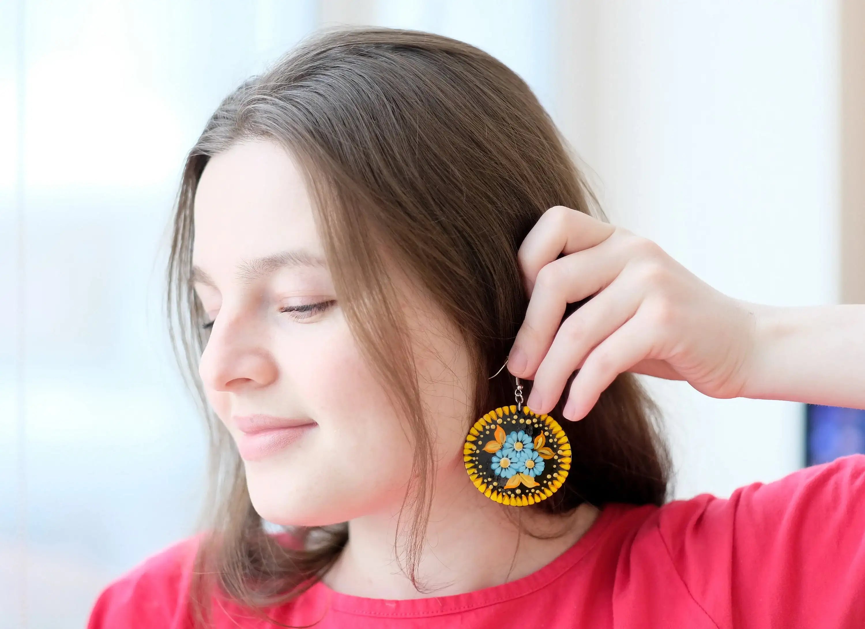 Painted Wooden Bee Earrings - Dangle Drop Hypoallergenic Large Circle Statement Necklace