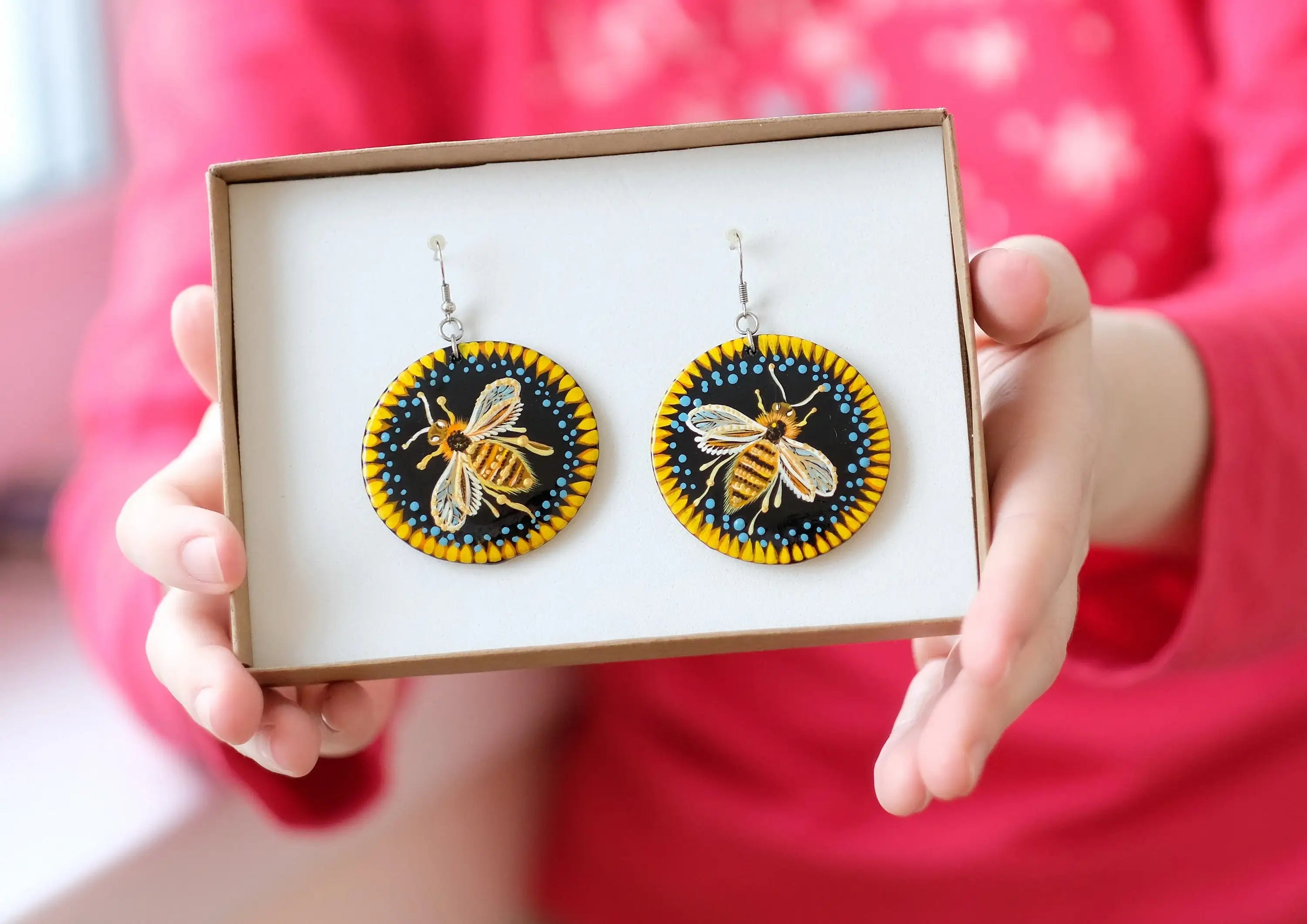 Painted Wooden Bee Earrings - Dangle Drop Hypoallergenic Large Circle Statement Necklace