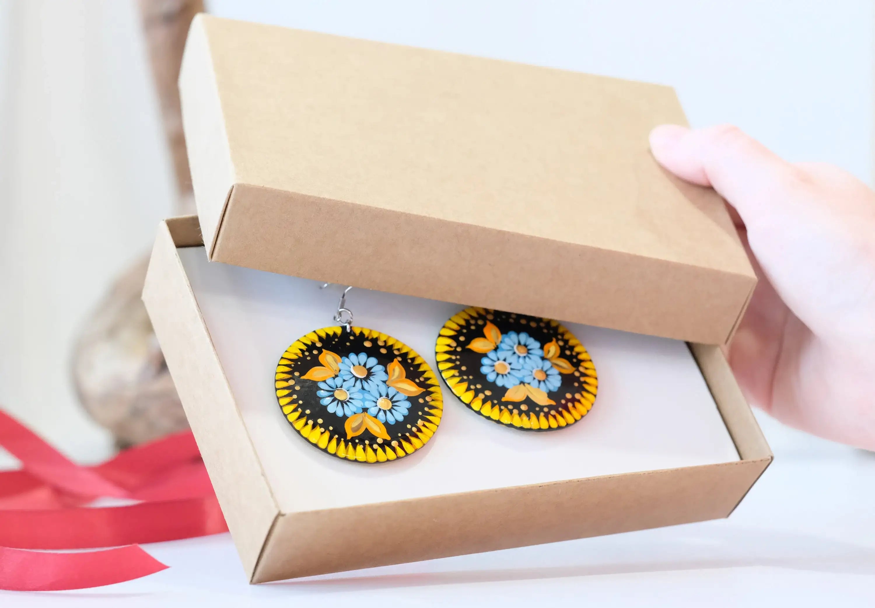 Painted Wooden Bee Earrings - Dangle Drop Hypoallergenic Large Circle Statement Necklace